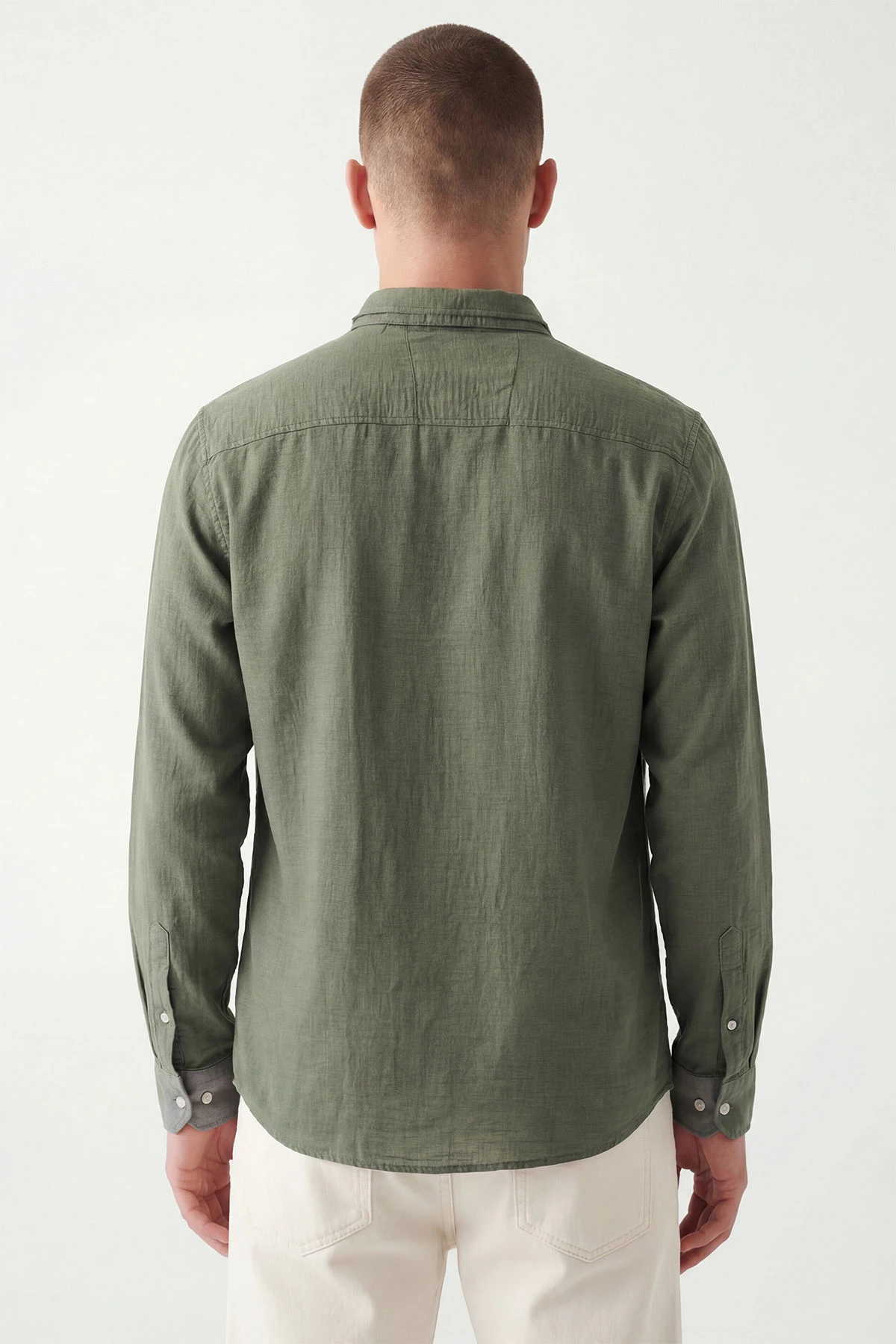 Haki Relaxed Fit Keten Ata Yaka Erkek Gömlek 435840