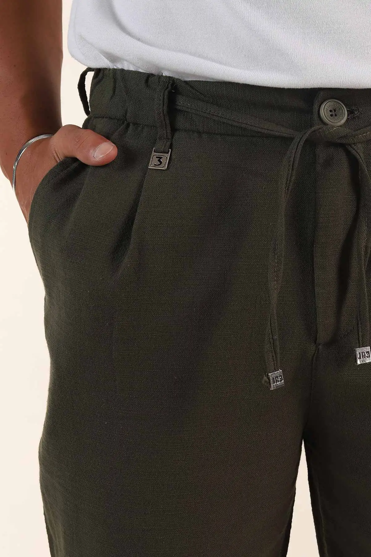 Haki Relaxed Fit Keten Bel Lastikli Erkek Jogger Pantolon 380882