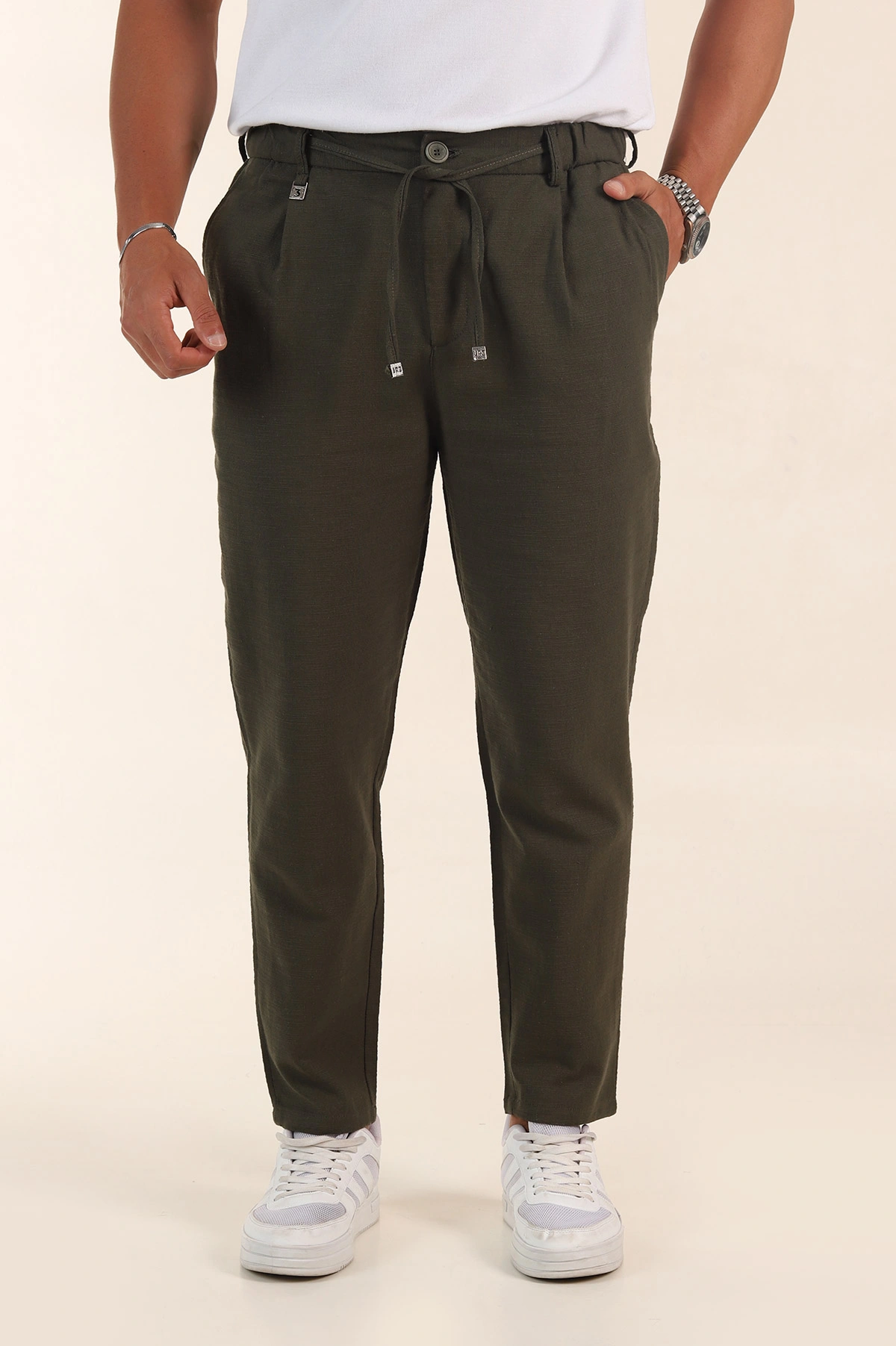 Haki Relaxed Fit Keten Bel Lastikli Erkek Jogger Pantolon 380882