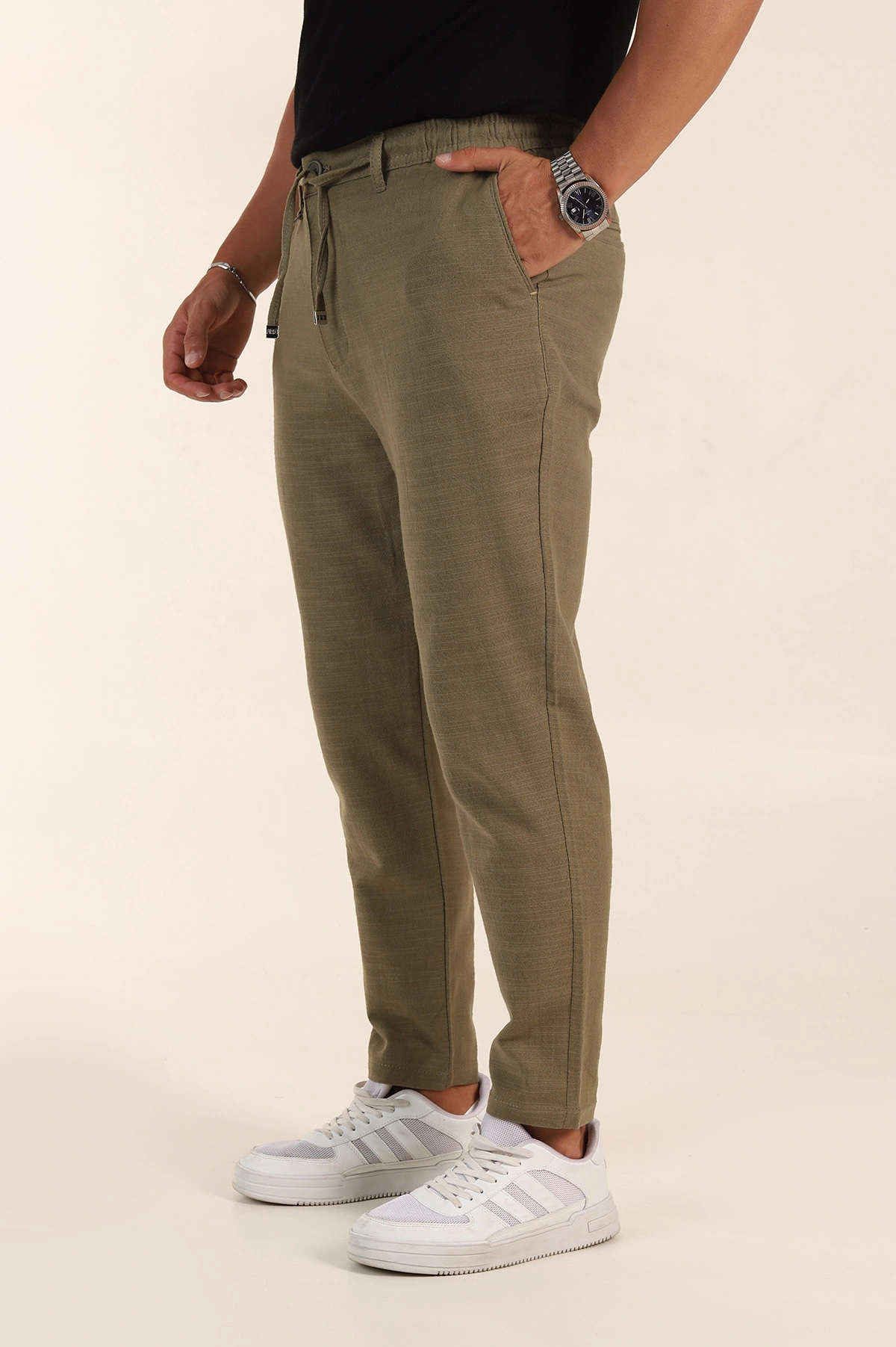 Haki Relaxed Fit Keten Bel Lastikli Erkek Jogger Pantolon 380913