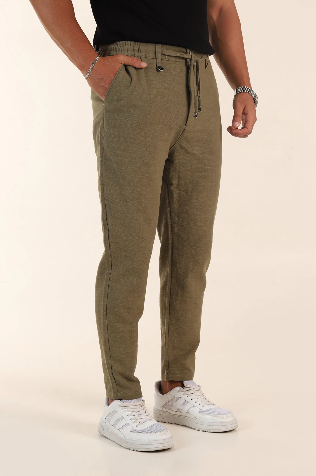 Haki Relaxed Fit Keten Bel Lastikli Erkek Jogger Pantolon 380913