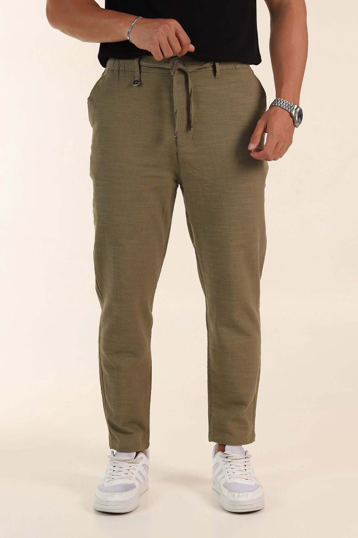 Haki Relaxed Fit Keten Bel Lastikli Erkek Jogger Pantolon 380913