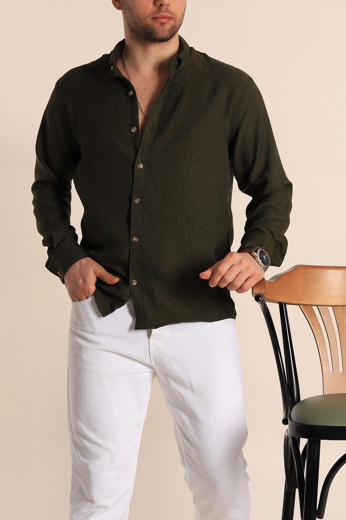 Haki Relaxed Fit Keten Erkek Gömlek 261275