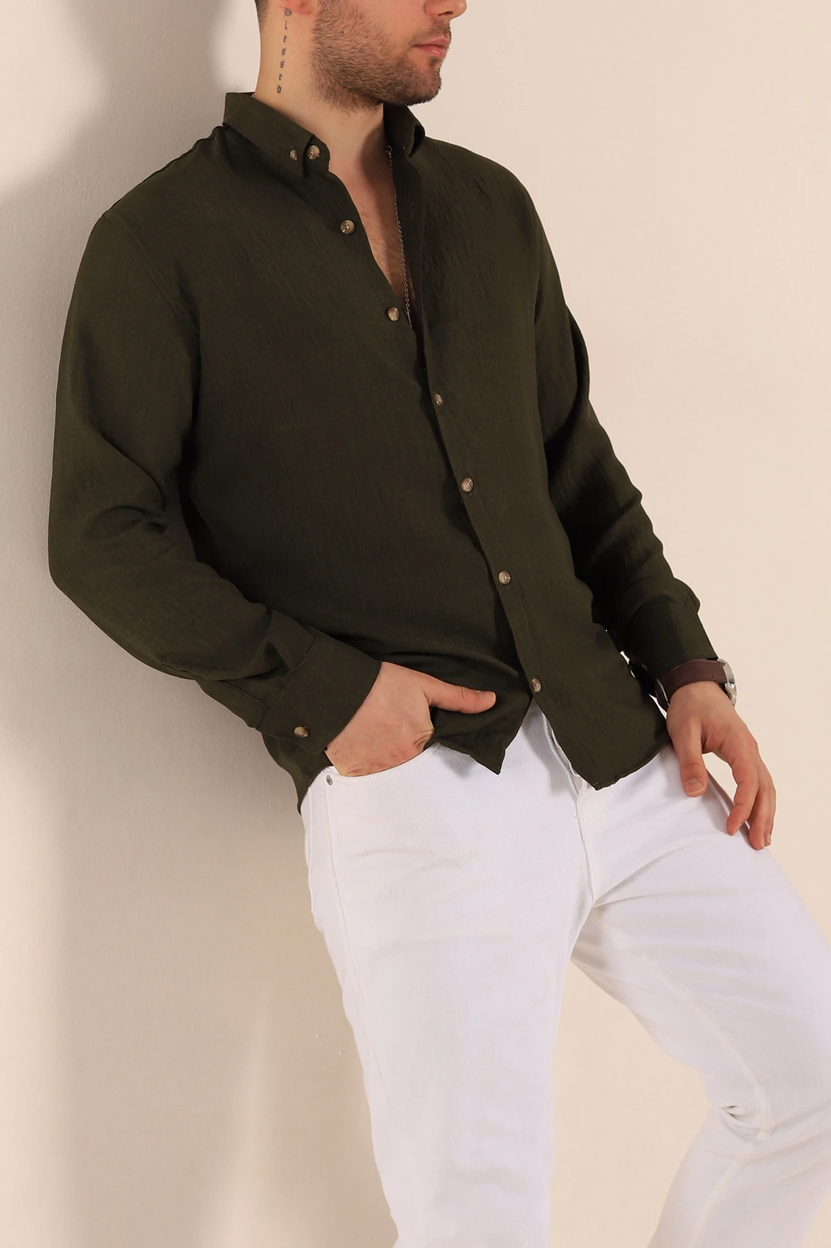 Haki Relaxed Fit Keten Erkek Gömlek 261275