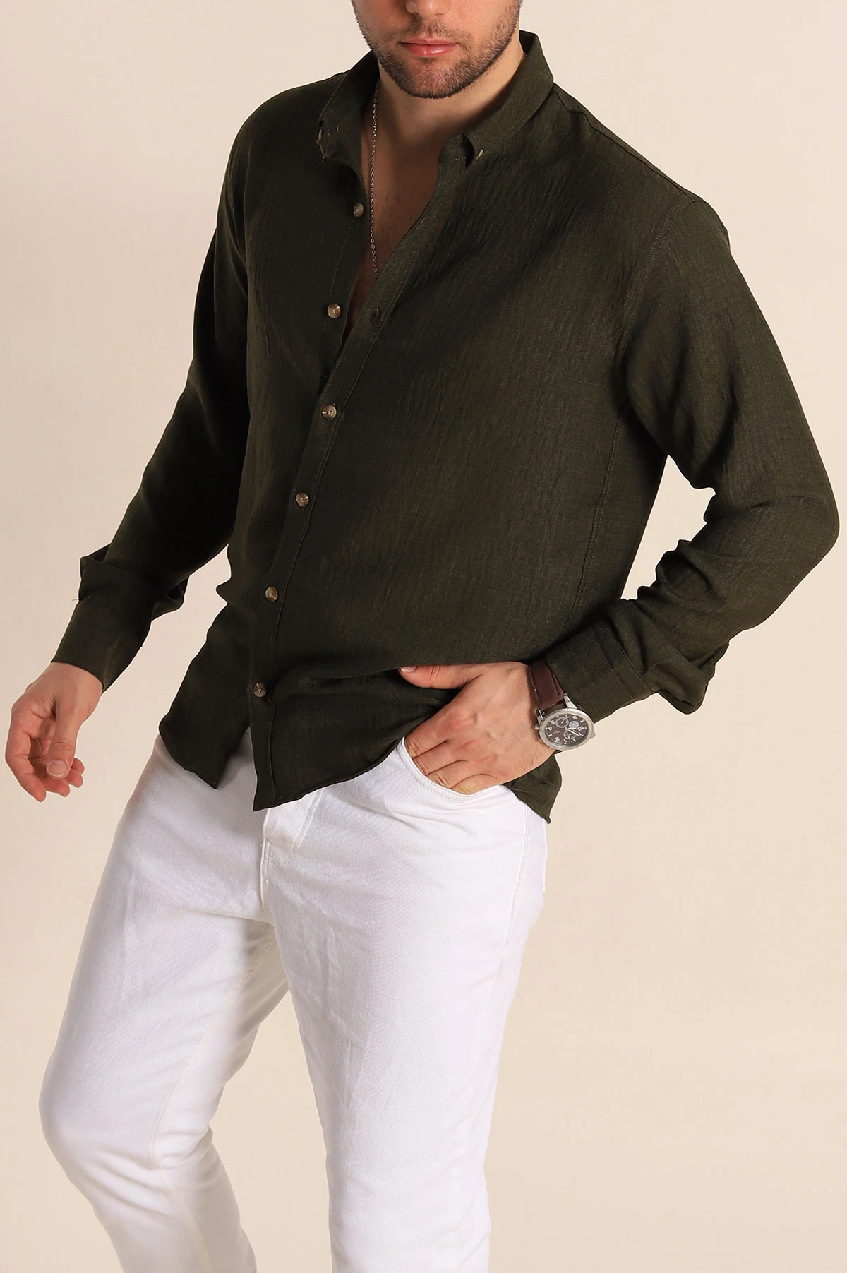 Haki Relaxed Fit Keten Erkek Gömlek 261275