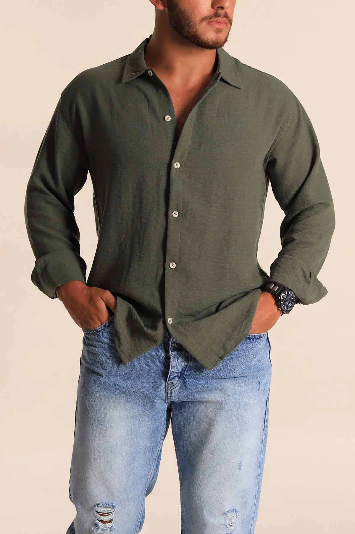 Haki Relaxed Fit Keten Erkek Gömlek 283761