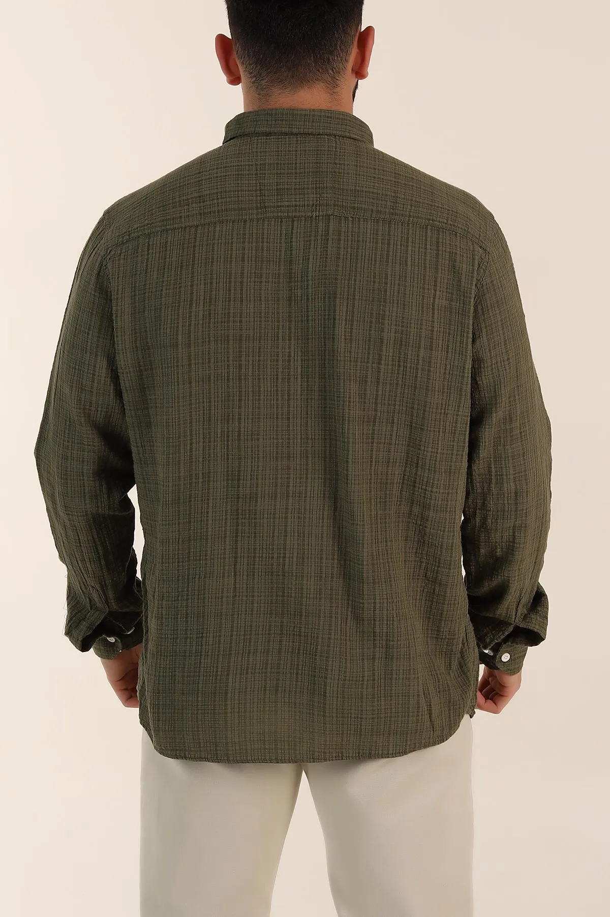 Haki Relaxed Fit Keten Kare Dokulu Ata Yaka Erkek Gömlek 360613