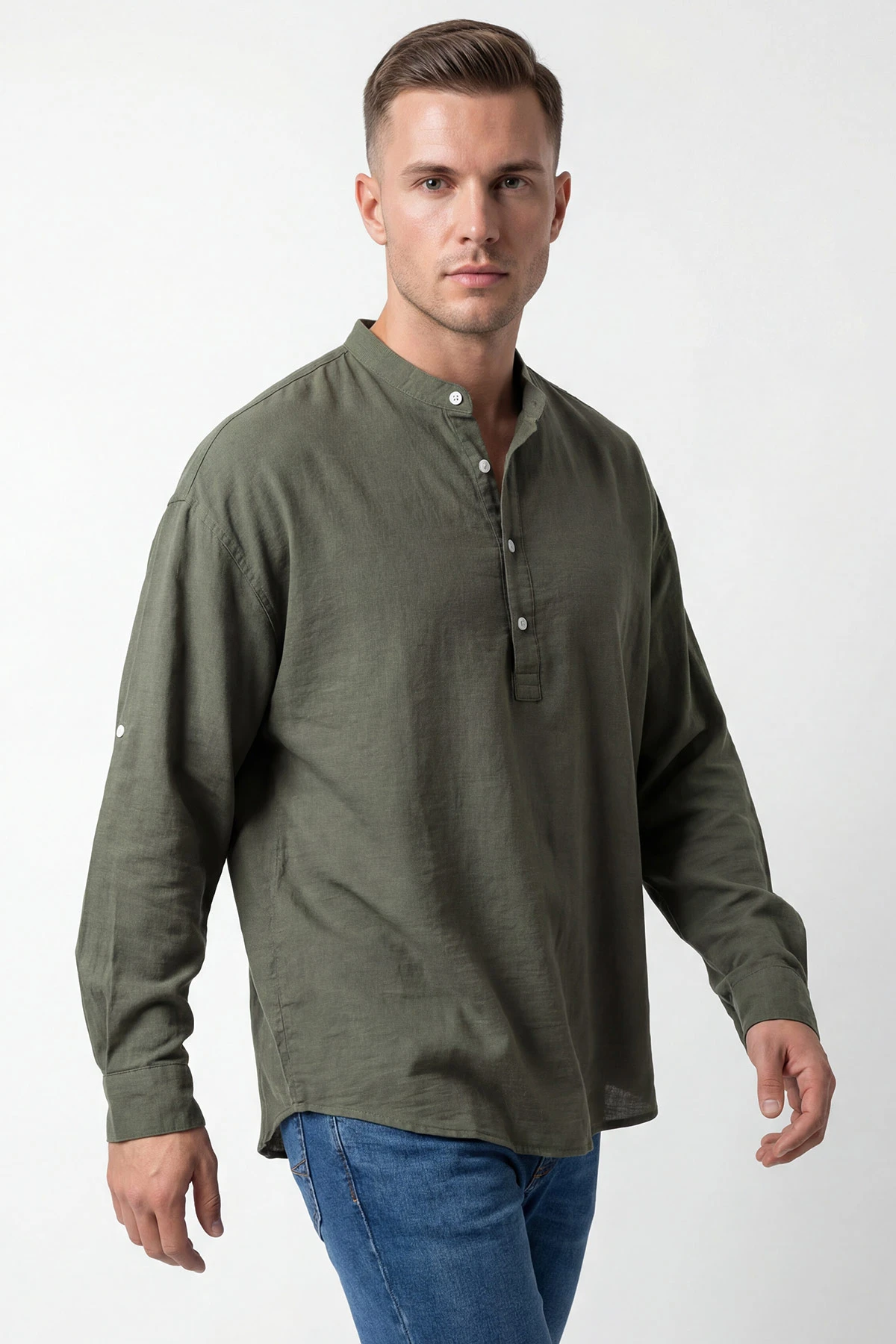 Haki Relaxed Fit Keten Yarım Düğmeli Hakim Yaka Erkek Gömlek 435879