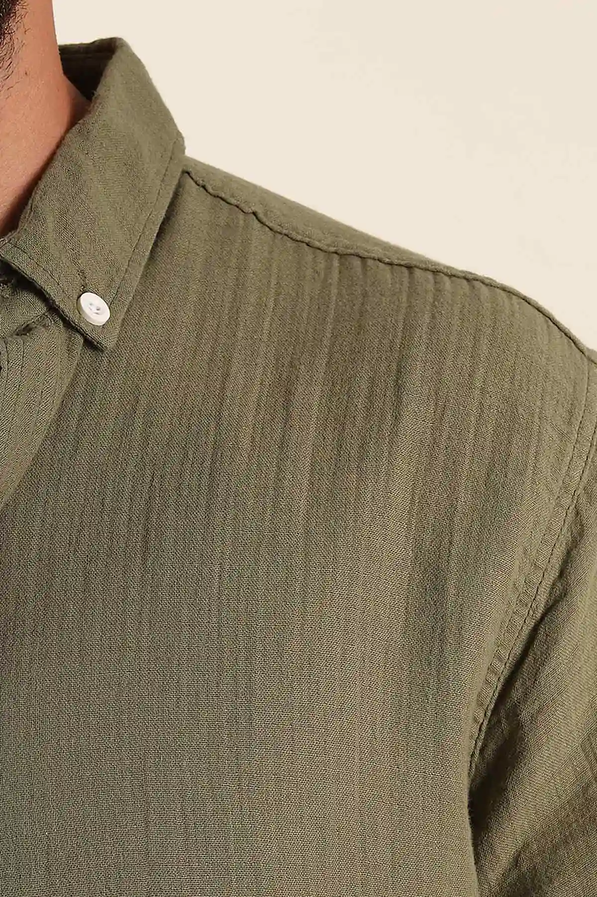 Haki Relaxed Fit Müslin Keten Ata Yaka Erkek Gömlek 386193