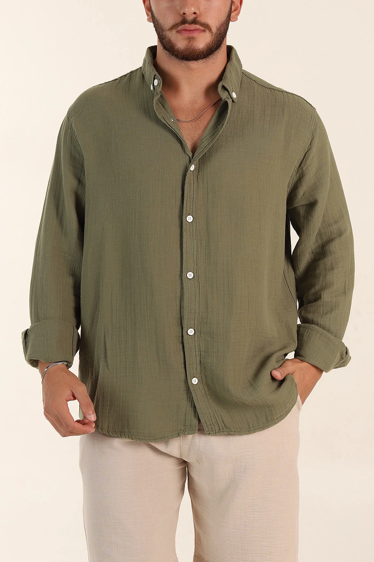 Haki Relaxed Fit Müslin Keten Ata Yaka Erkek Gömlek 386193