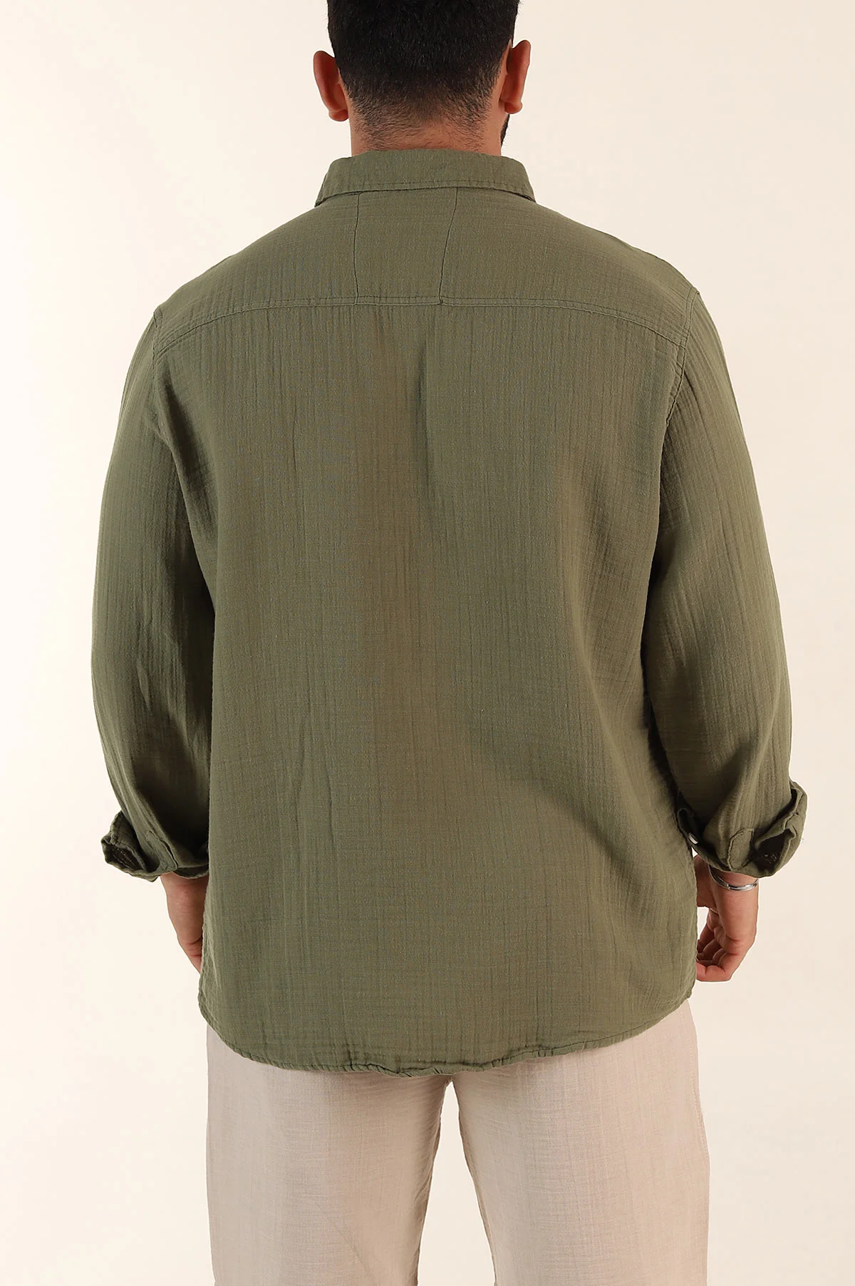 Haki Relaxed Fit Müslin Keten Ata Yaka Erkek Gömlek 386193