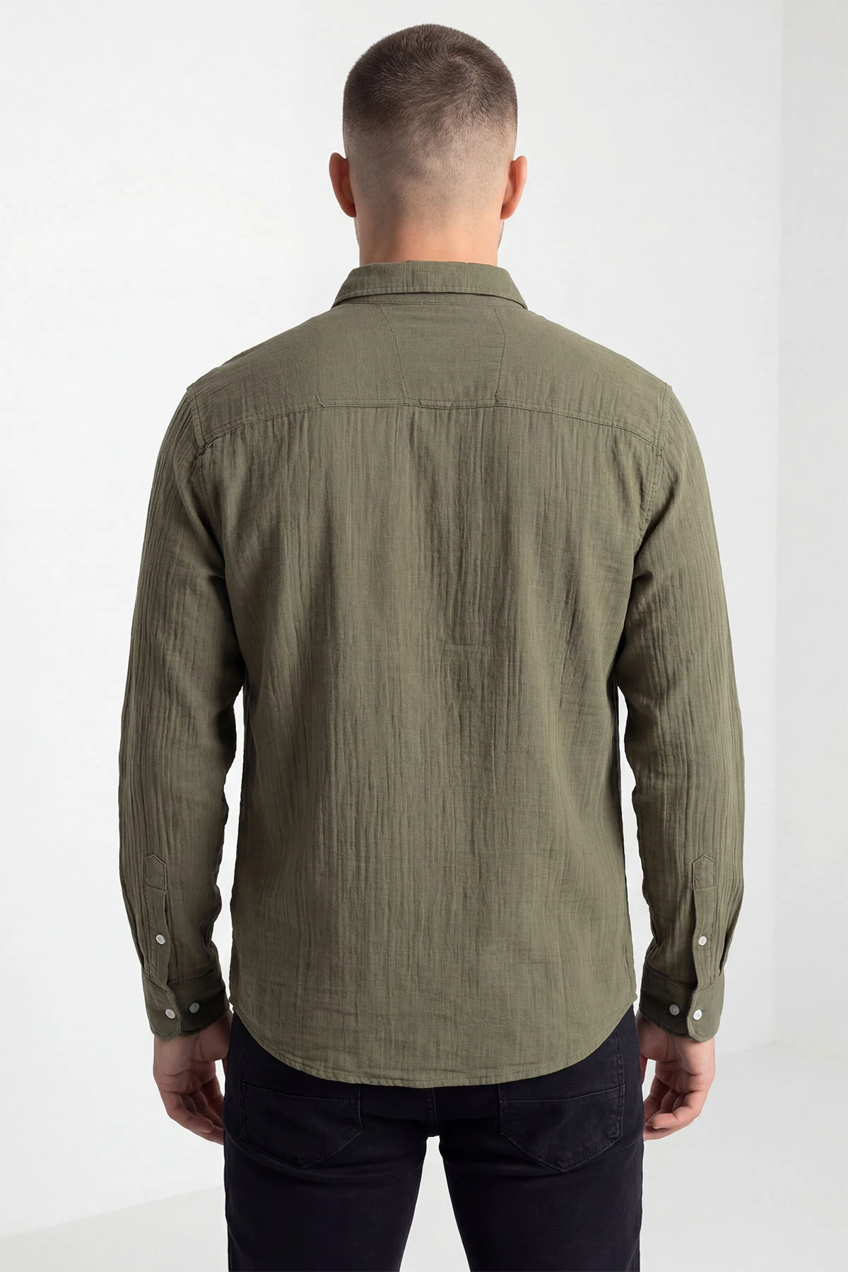 Haki Relaxed Fit Müslin Keten Ata Yaka Erkek Gömlek 435745