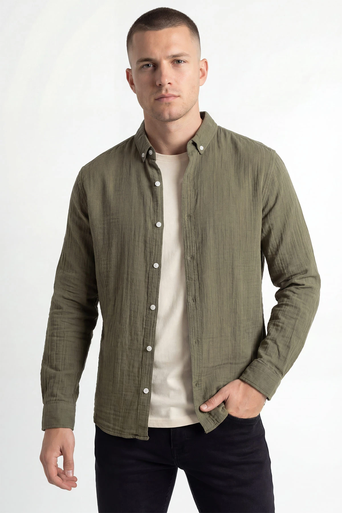 Haki Relaxed Fit Müslin Keten Ata Yaka Erkek Gömlek 435745