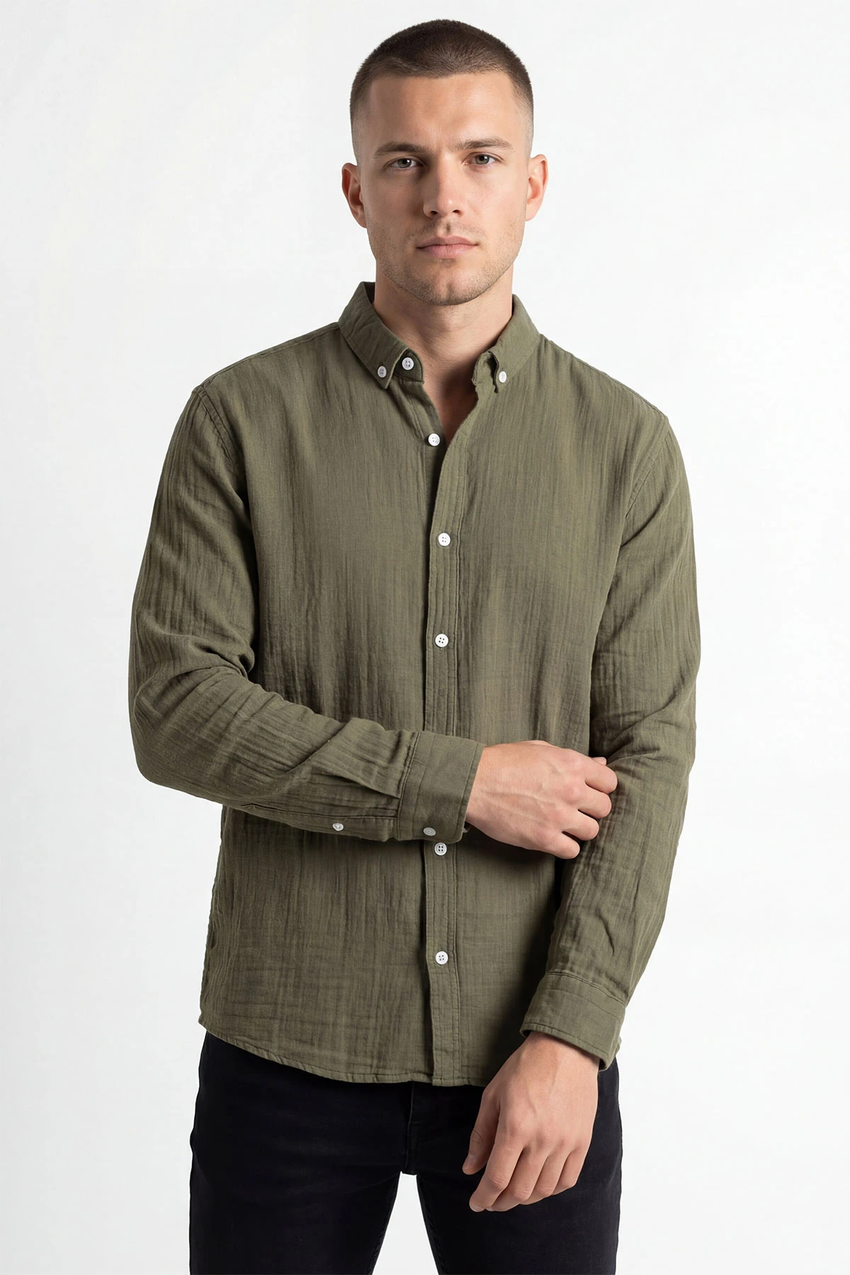 Haki Relaxed Fit Müslin Keten Ata Yaka Erkek Gömlek 435745