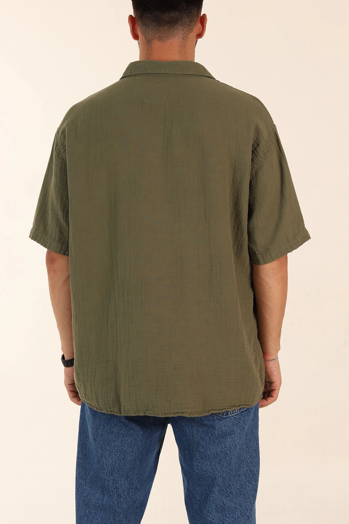 Haki Relaxed Fit Müslin Keten Kısa Kollu Erkek Gömlek 376944