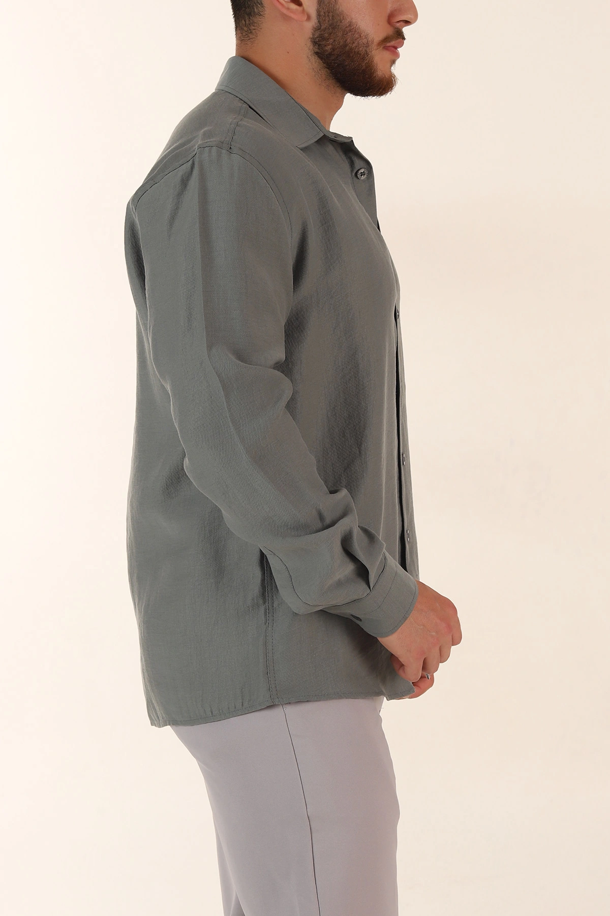 Haki Relaxed Fit Nefes Alan Lyocell Kumaş Uzun Kollu Erkek Gömlek 368615