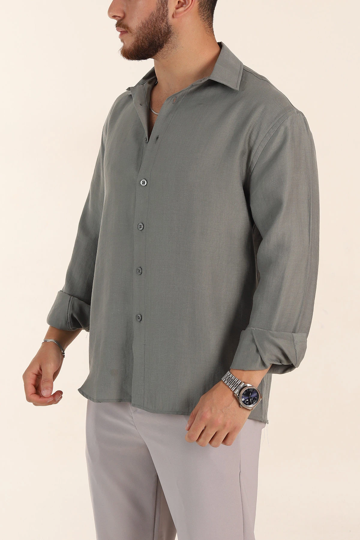 Haki Relaxed Fit Nefes Alan Lyocell Kumaş Uzun Kollu Erkek Gömlek 368615