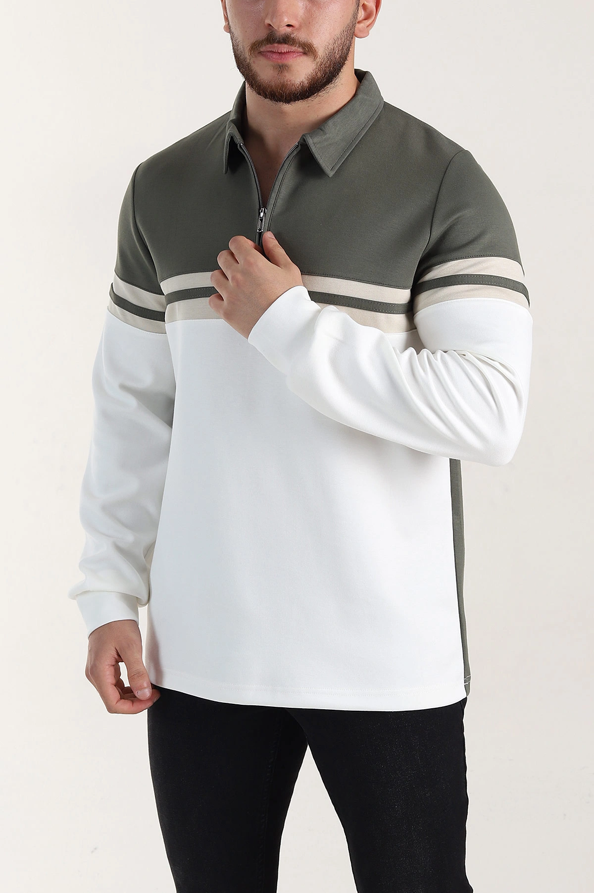 Haki Relaxed Fit Oysho Kumaş Fermuarlı Polo Yaka Sweatshirt 399549