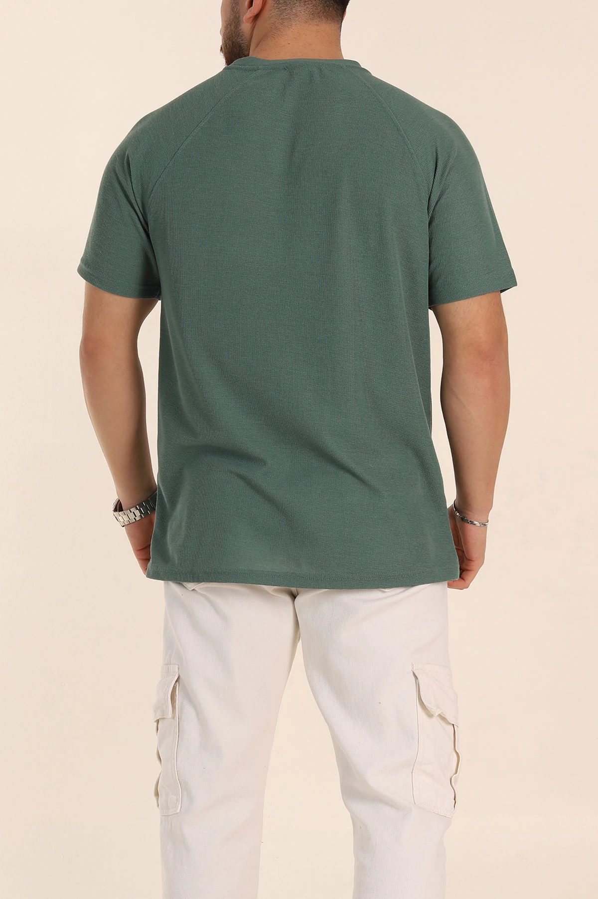 Haki Relaxed Fit Petek Dokulu Reglan Kol Basic Erkek Tişört 352024