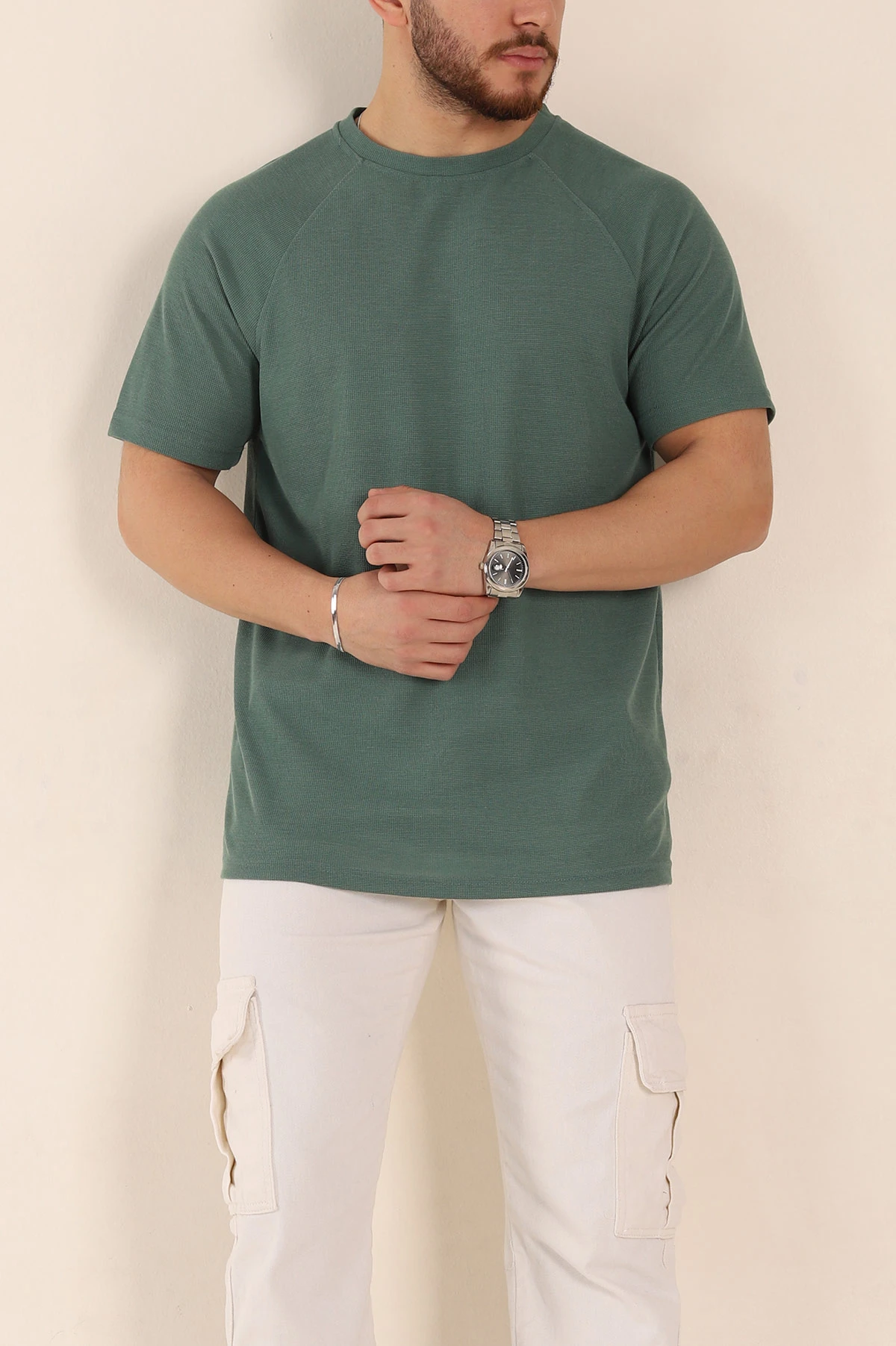 Haki Relaxed Fit Petek Dokulu Reglan Kol Basic Erkek Tişört 352024