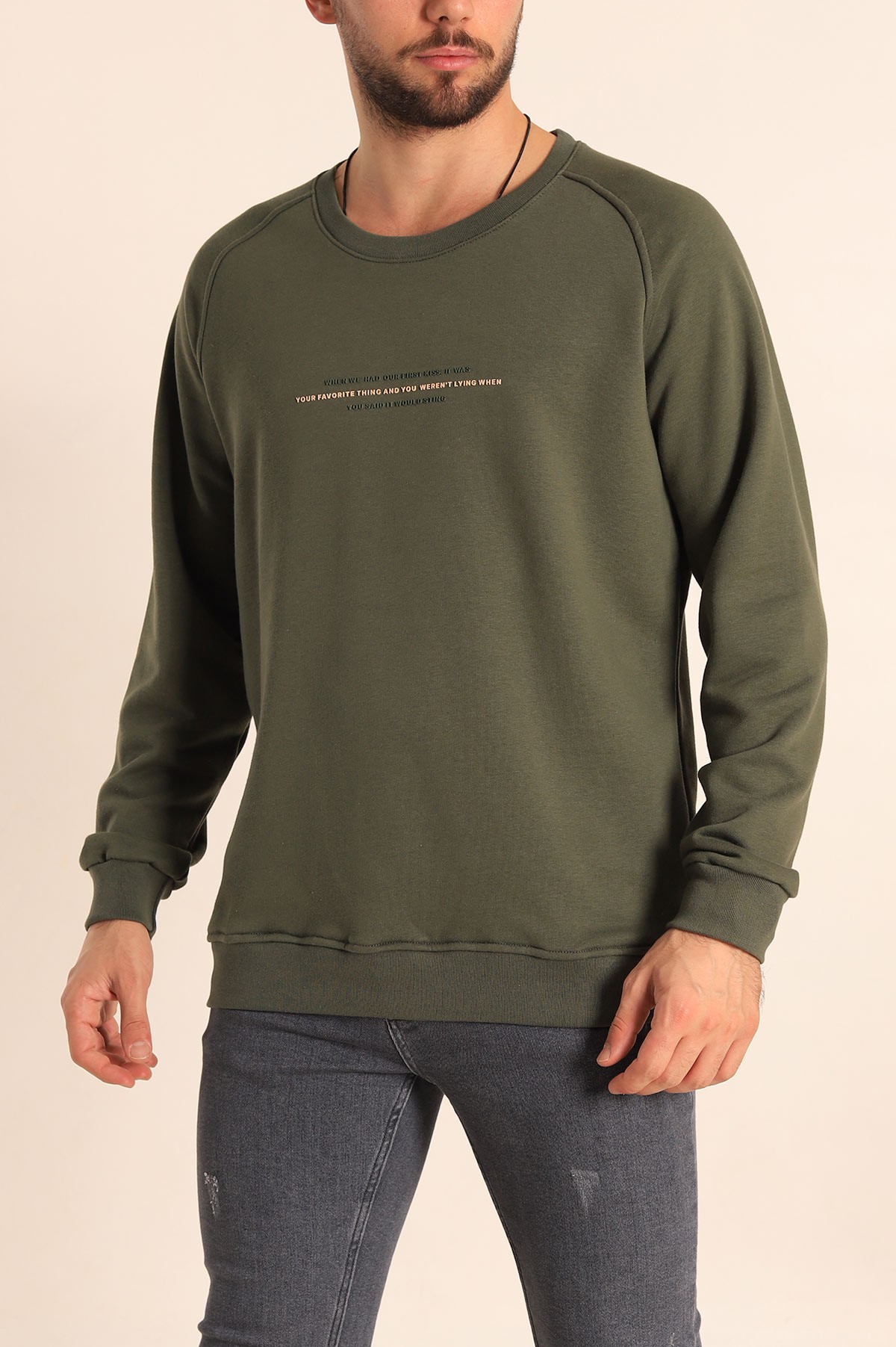 Haki Relaxed Fit Şardonsuz Kabartma Yazılı Erkek Sweatshirt 221463