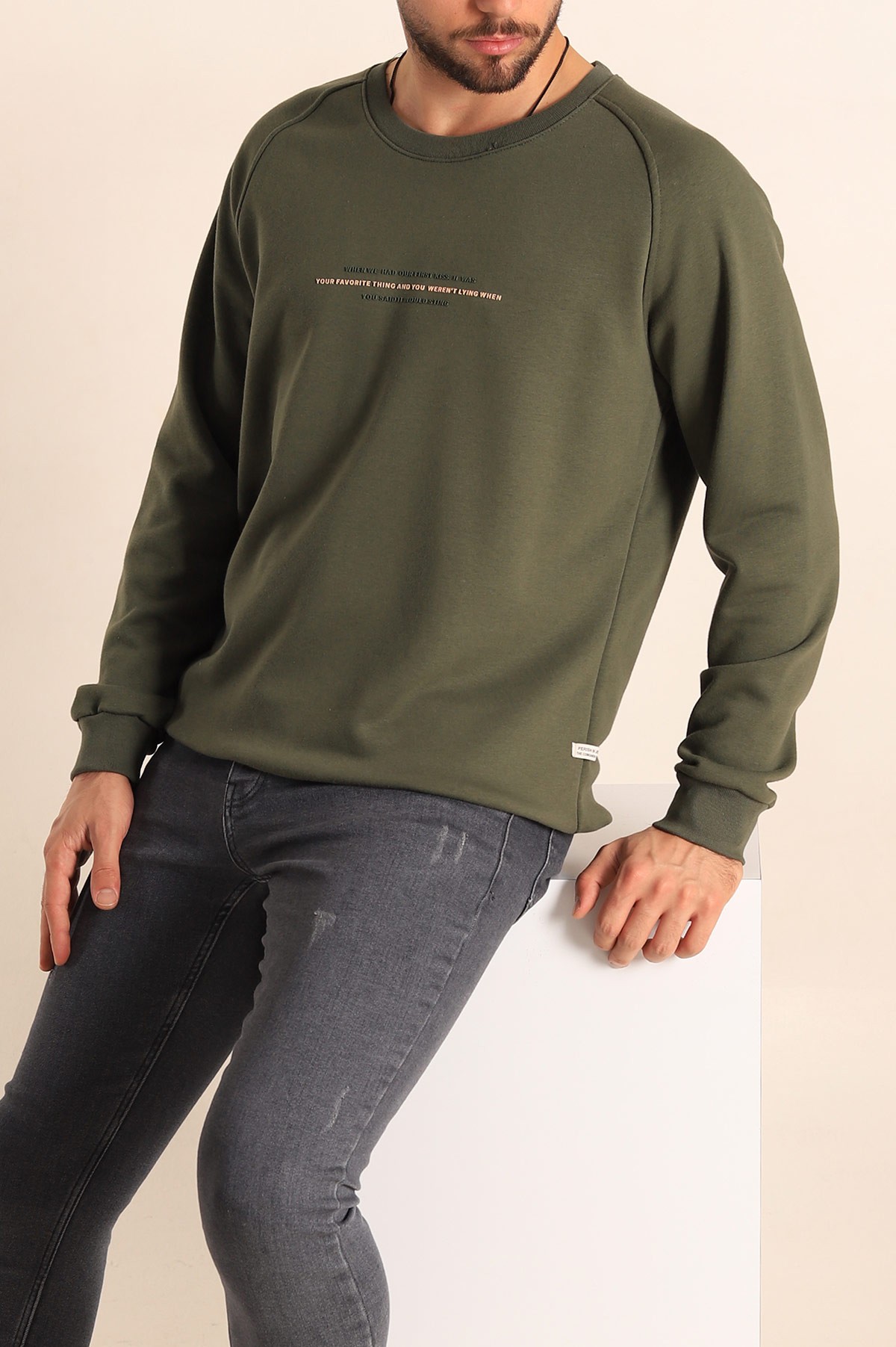Haki Relaxed Fit Şardonsuz Kabartma Yazılı Erkek Sweatshirt 221463