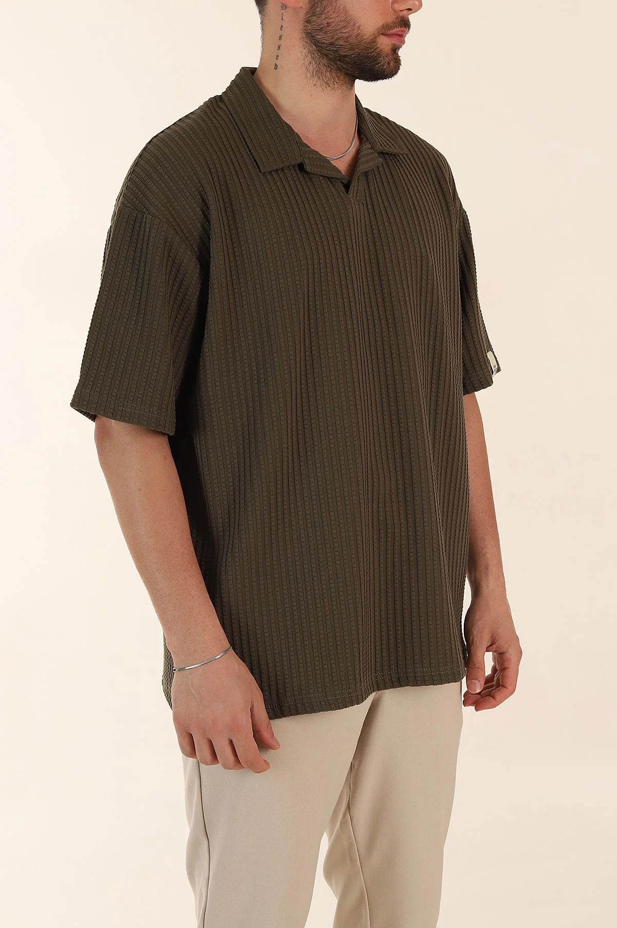 Haki Relaxed Fit Waffle Dokulu Patlı Polo Yaka Erkek Tişört 370296