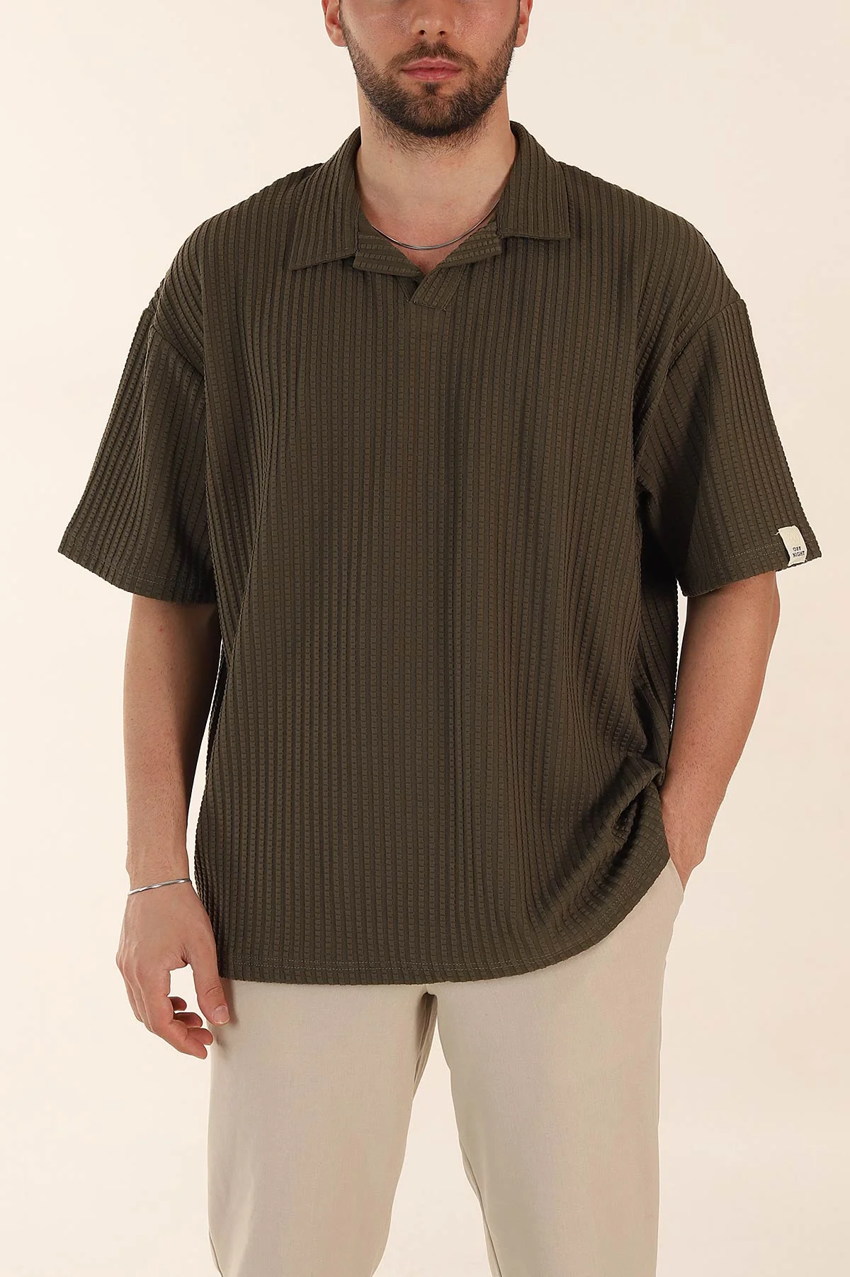Haki Relaxed Fit Waffle Dokulu Patlı Polo Yaka Erkek Tişört 370296