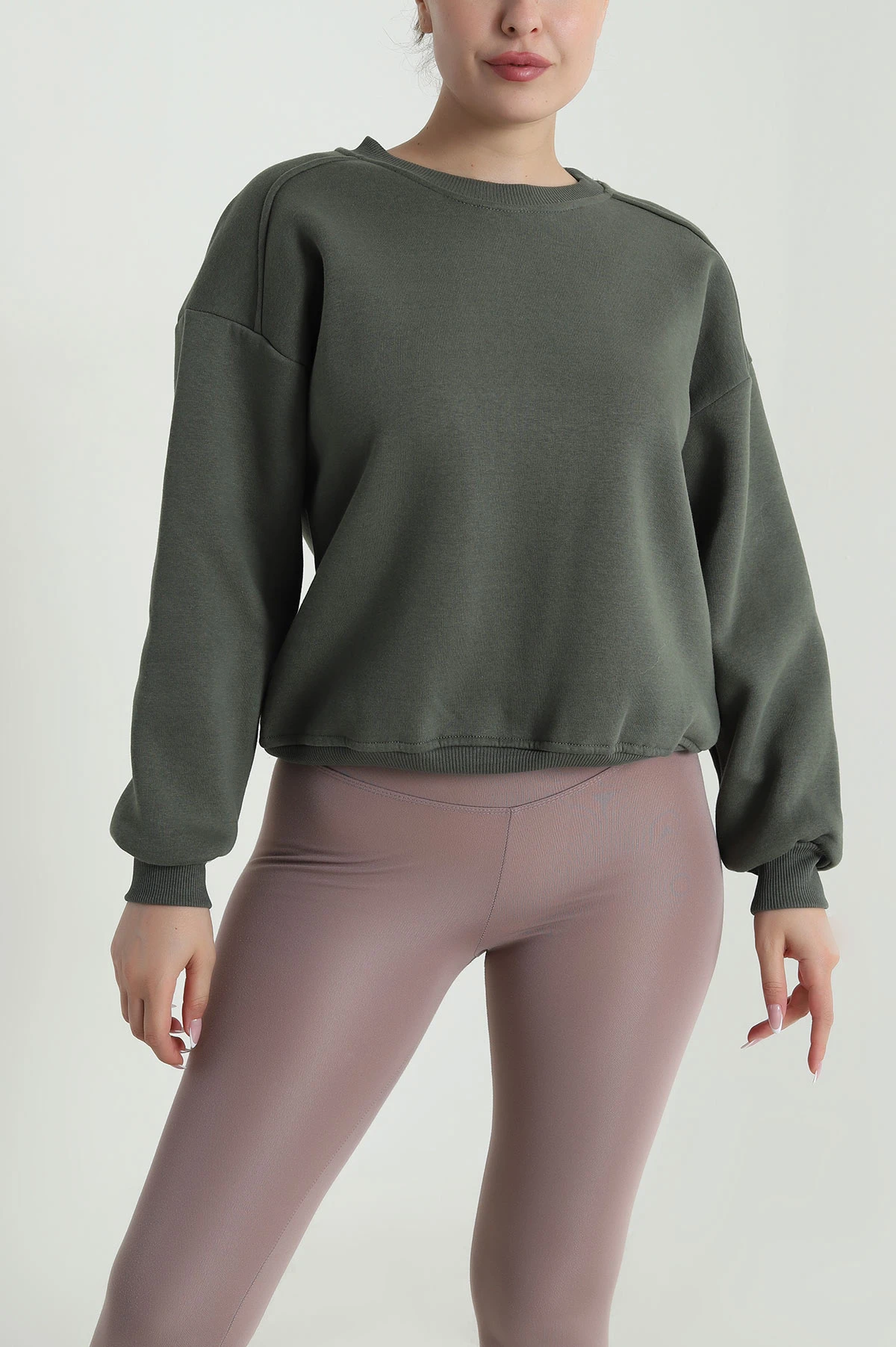 Haki Şardonlu Üç İp Kadın Sweat 485099