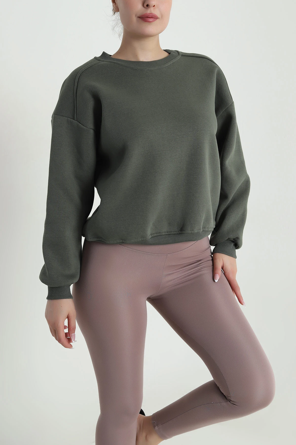 Haki Şardonlu Üç İp Kadın Sweat 485099