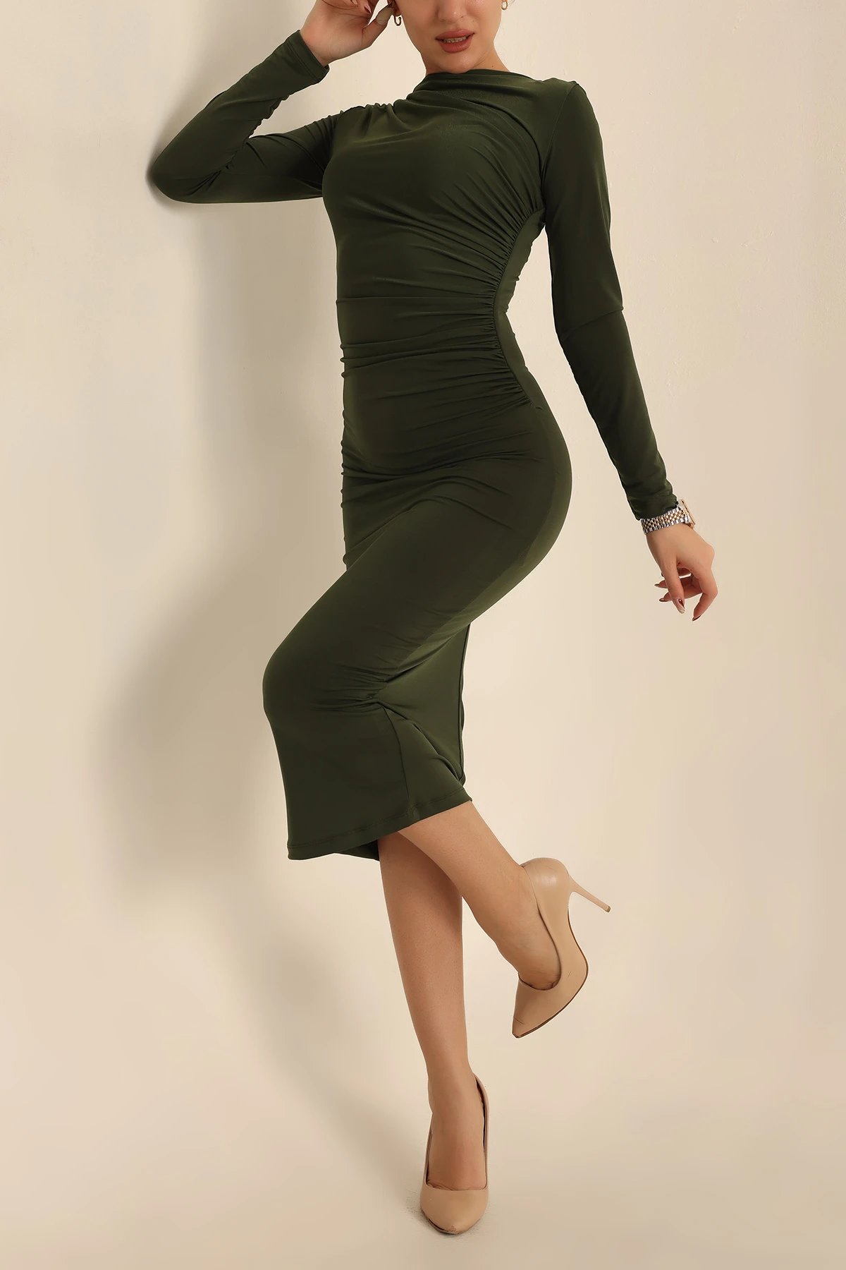 Haki Sendy Kumaş Büzgülü Elbise 227351