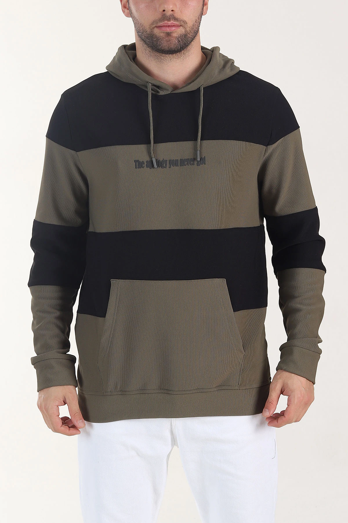 Haki Siyah Cep Detaylı Yazılı Kapüşonlu Erkek Sweatshirt 408073