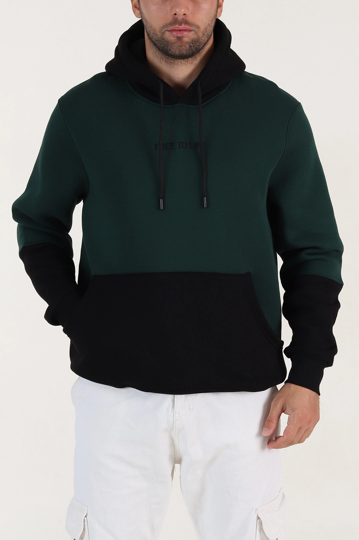 Zümrüt Yeşili Siyah Üç İp Şardonlu Kapüşonlu Yazı Detaylı Erkek Sweatshirt 396153
