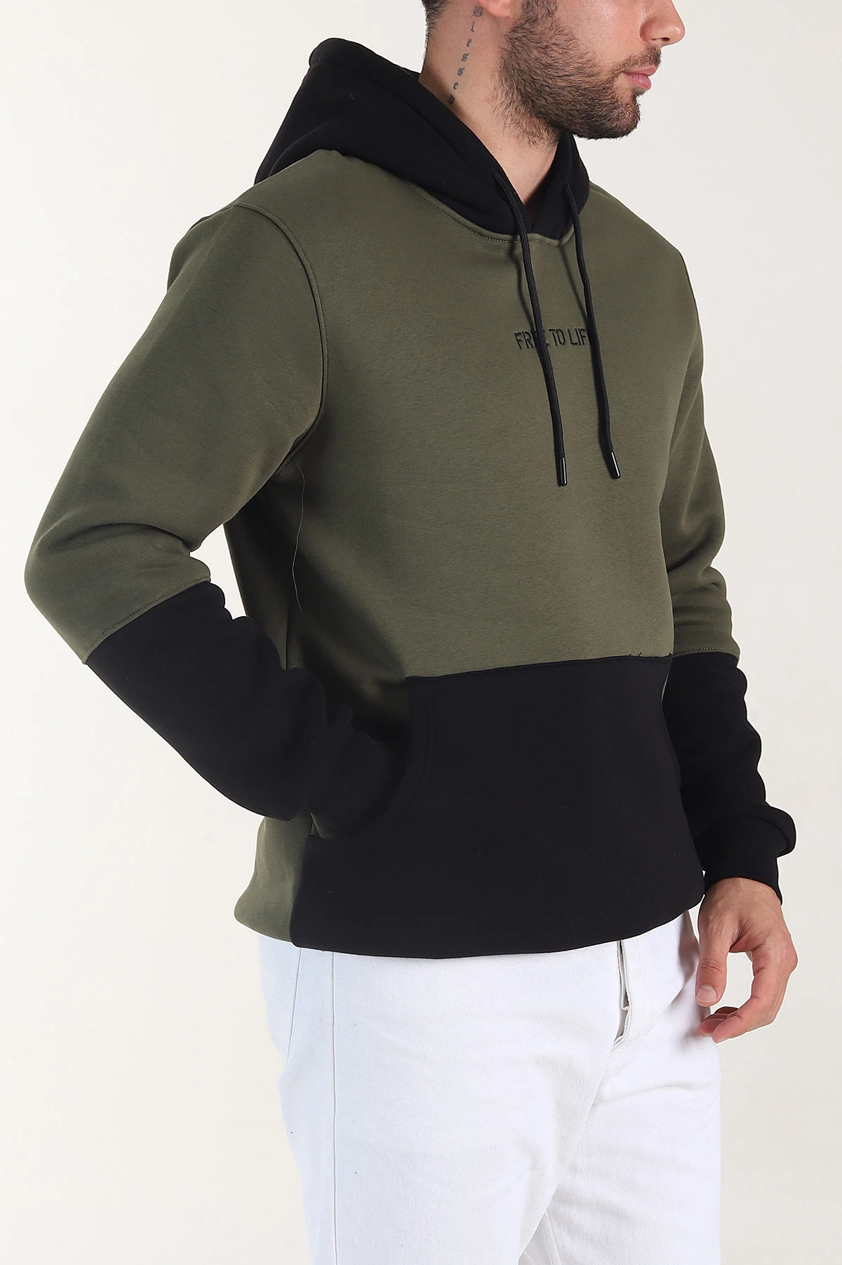 Haki Siyah Üç İp Şardonlu Kapüşonlu Yazı Detaylı Erkek Sweatshirt 404757