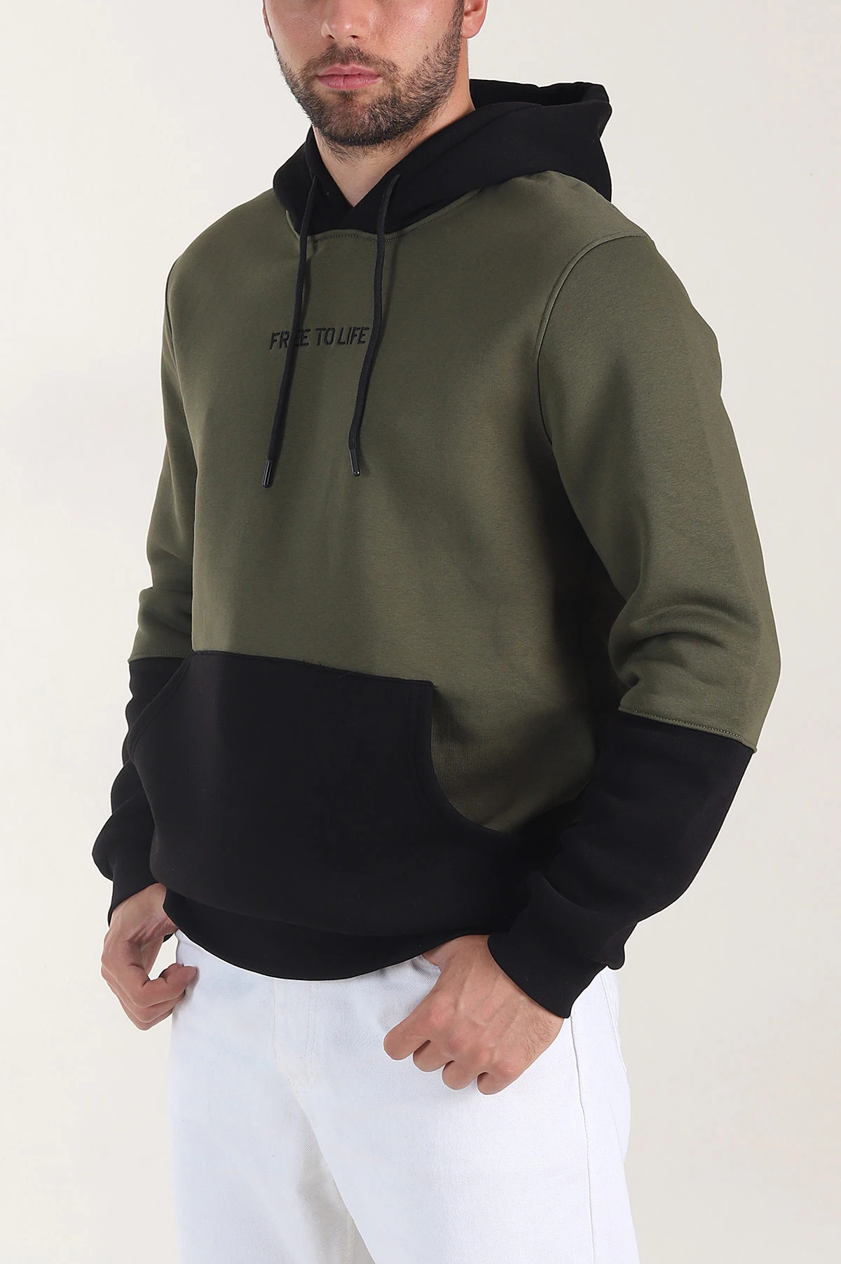 Haki Siyah Üç İp Şardonlu Kapüşonlu Yazı Detaylı Erkek Sweatshirt 404757