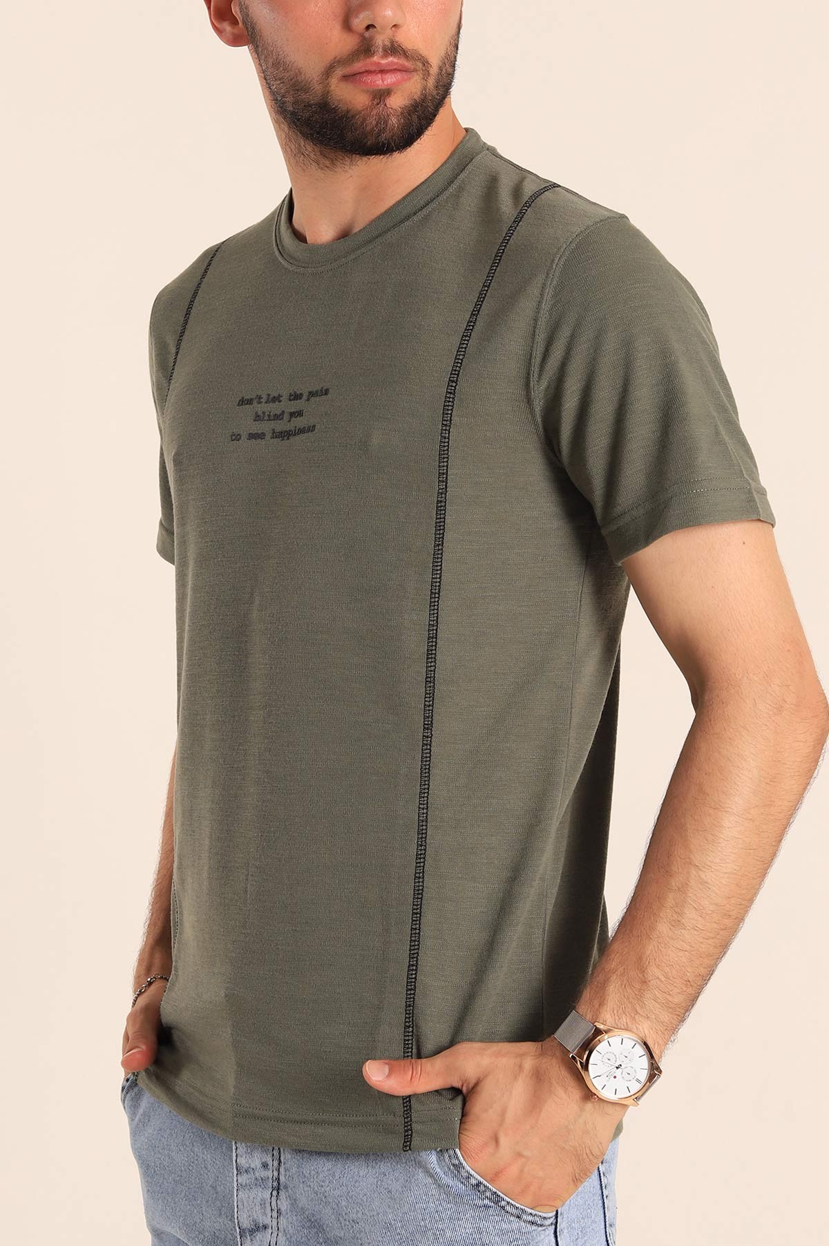 Haki Slim Fit Dikiş Detay Erkek Tişört 190157