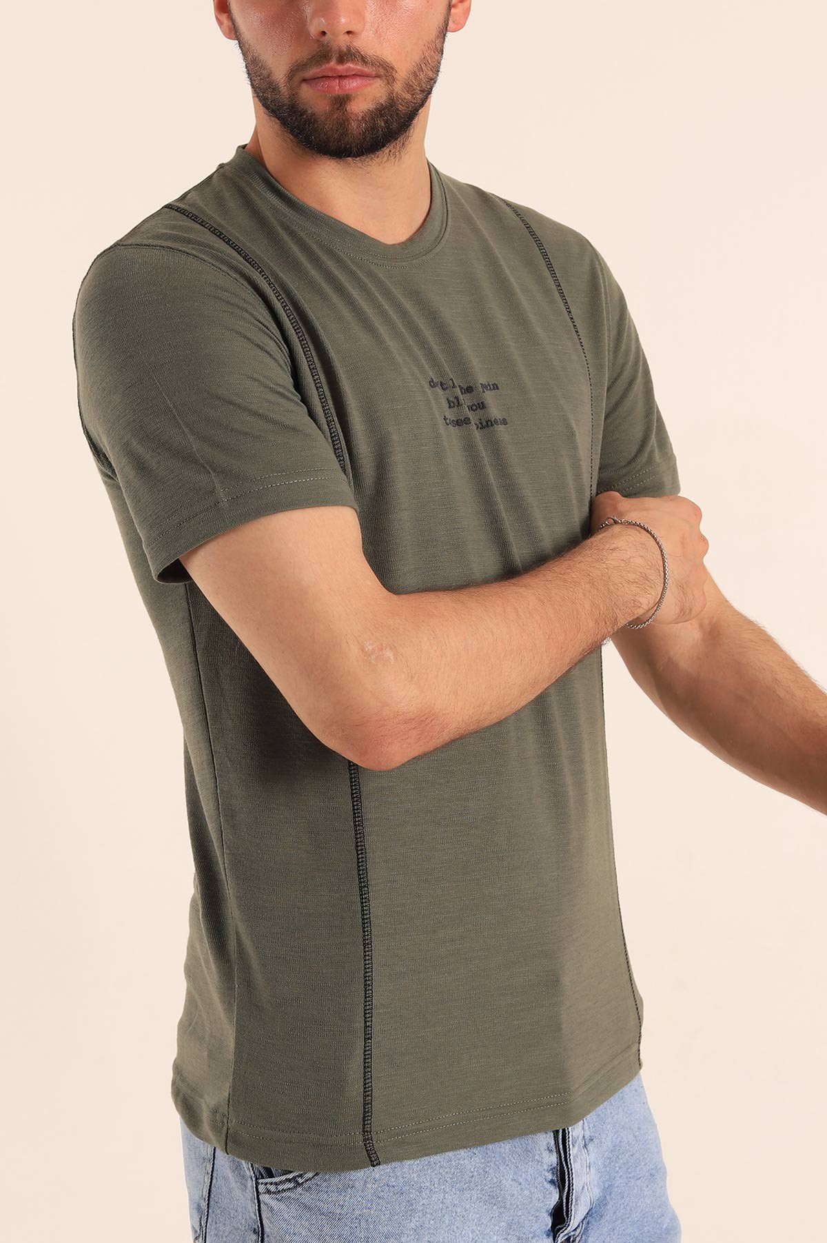 Haki Slim Fit Dikiş Detay Erkek Tişört 190157