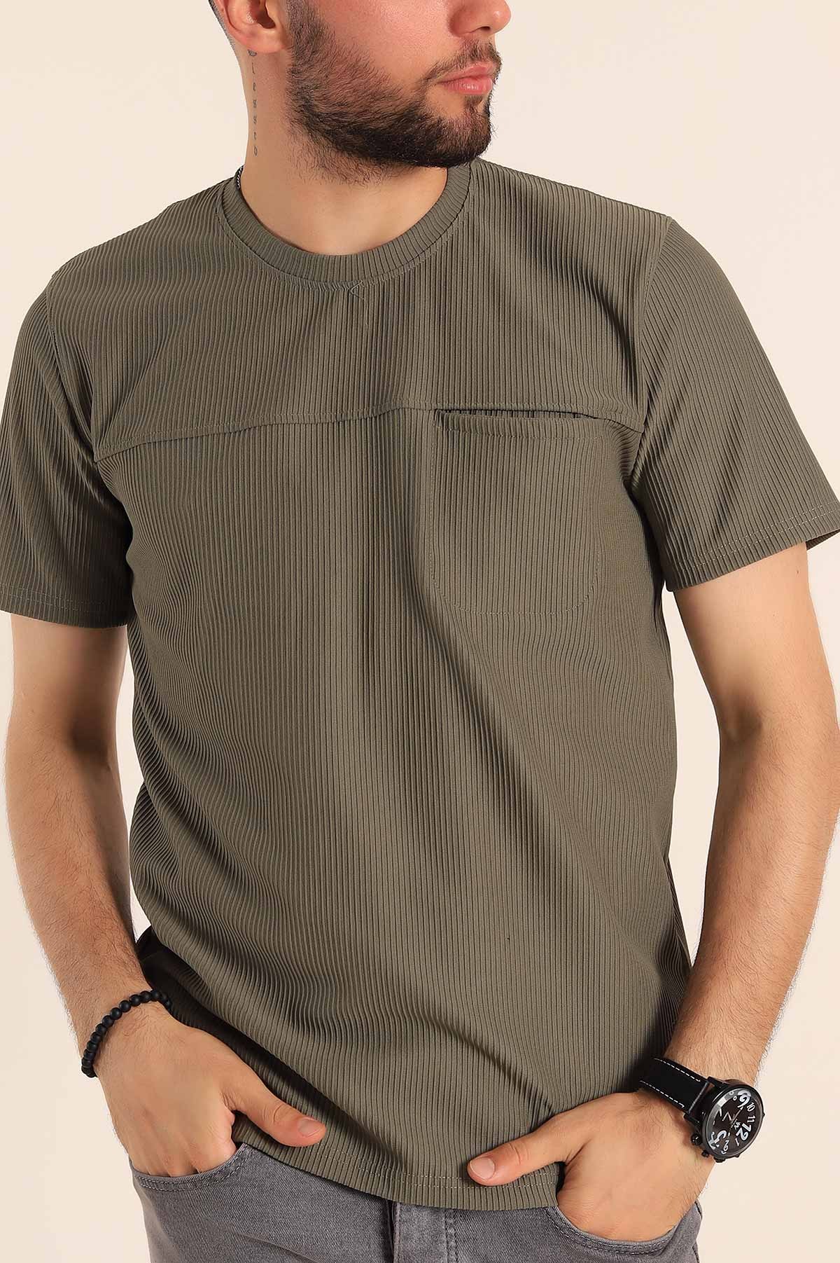 Haki Slim Fit Fitilli Doku Cepli Erkek Tişört 190183