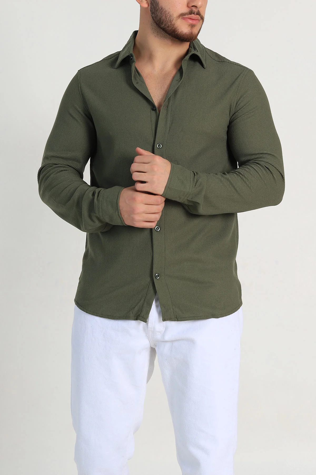 Haki Slim Fit Petek Dokulu Uzun Kollu Erkek Gömlek 325210
