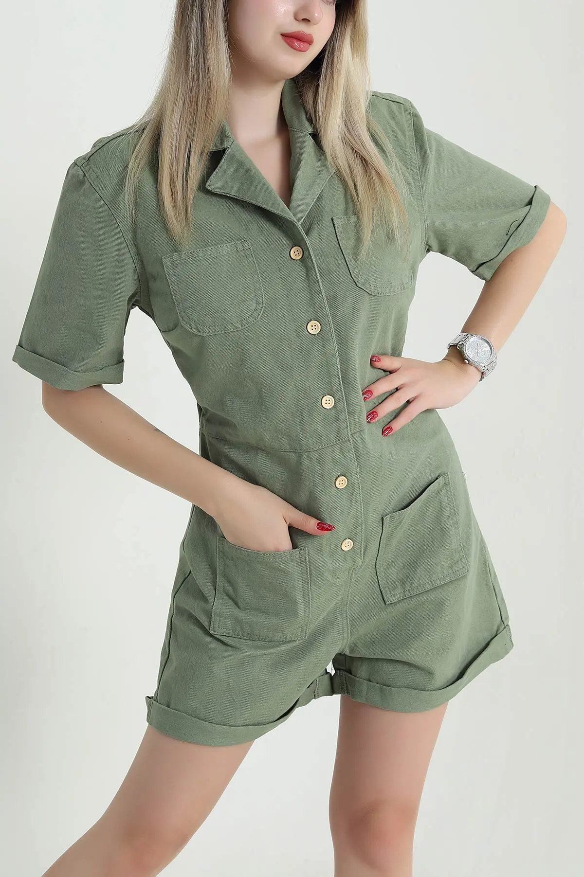 Haki Şortlu Gabardin Kadın Tulum 471543