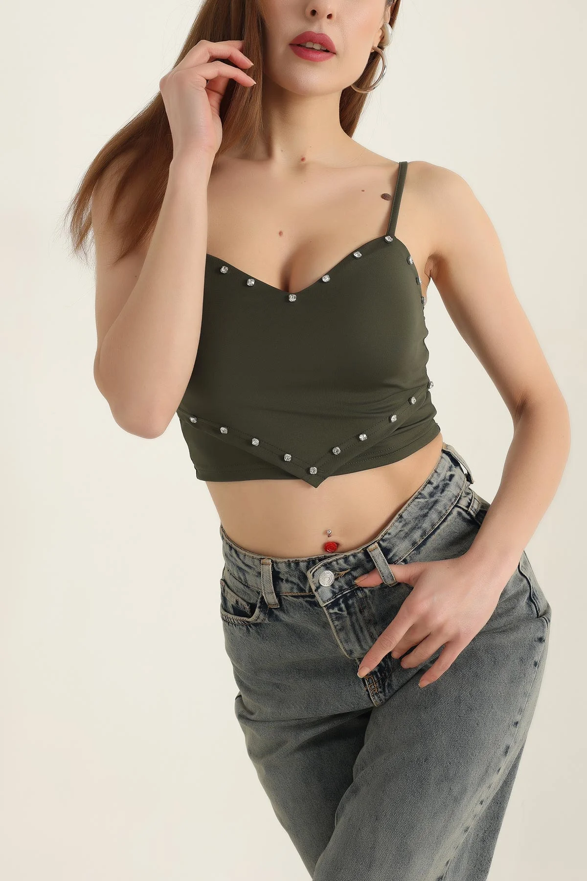 Haki Taş Detay Scuba Crop Bluz 337365