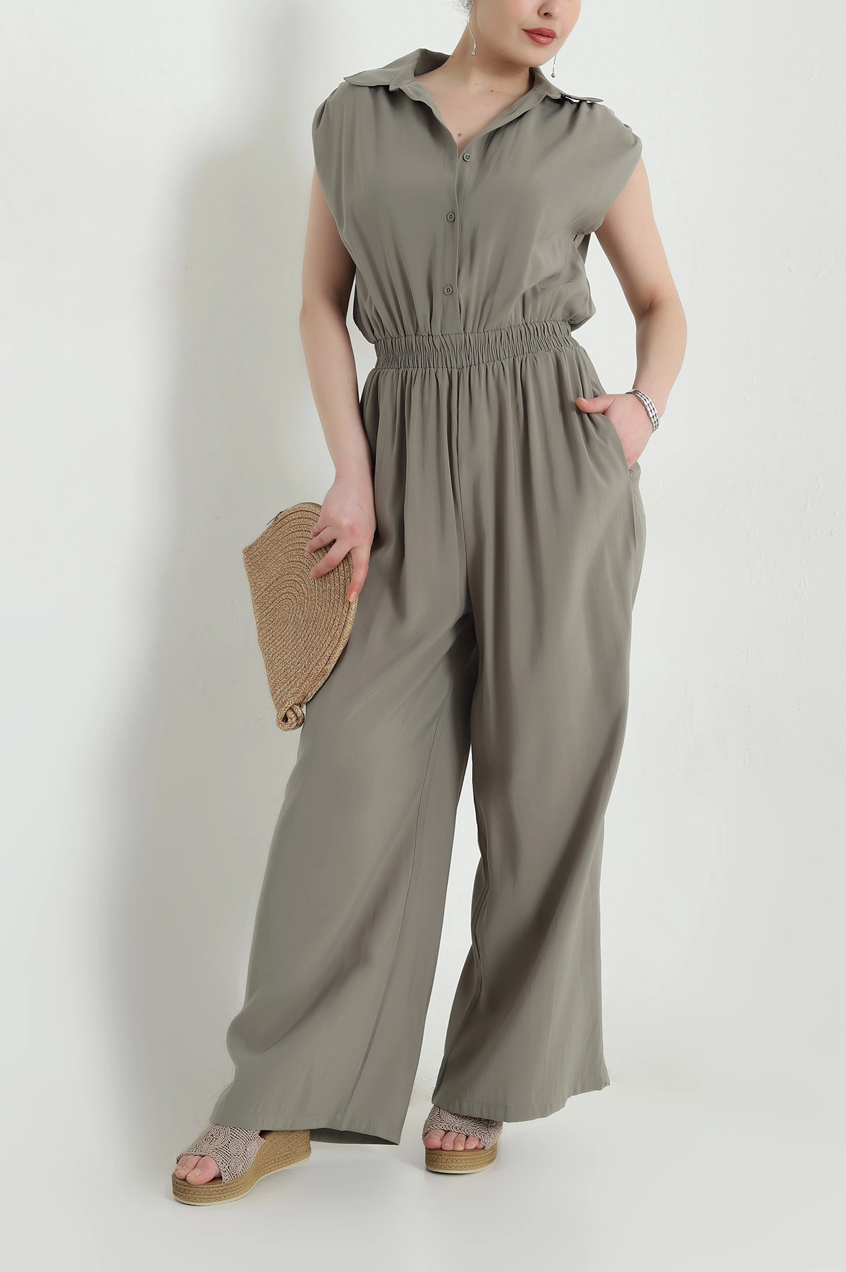 Haki Tencel Bel Lastikli Düğmeli Kadın Tulum 459373
