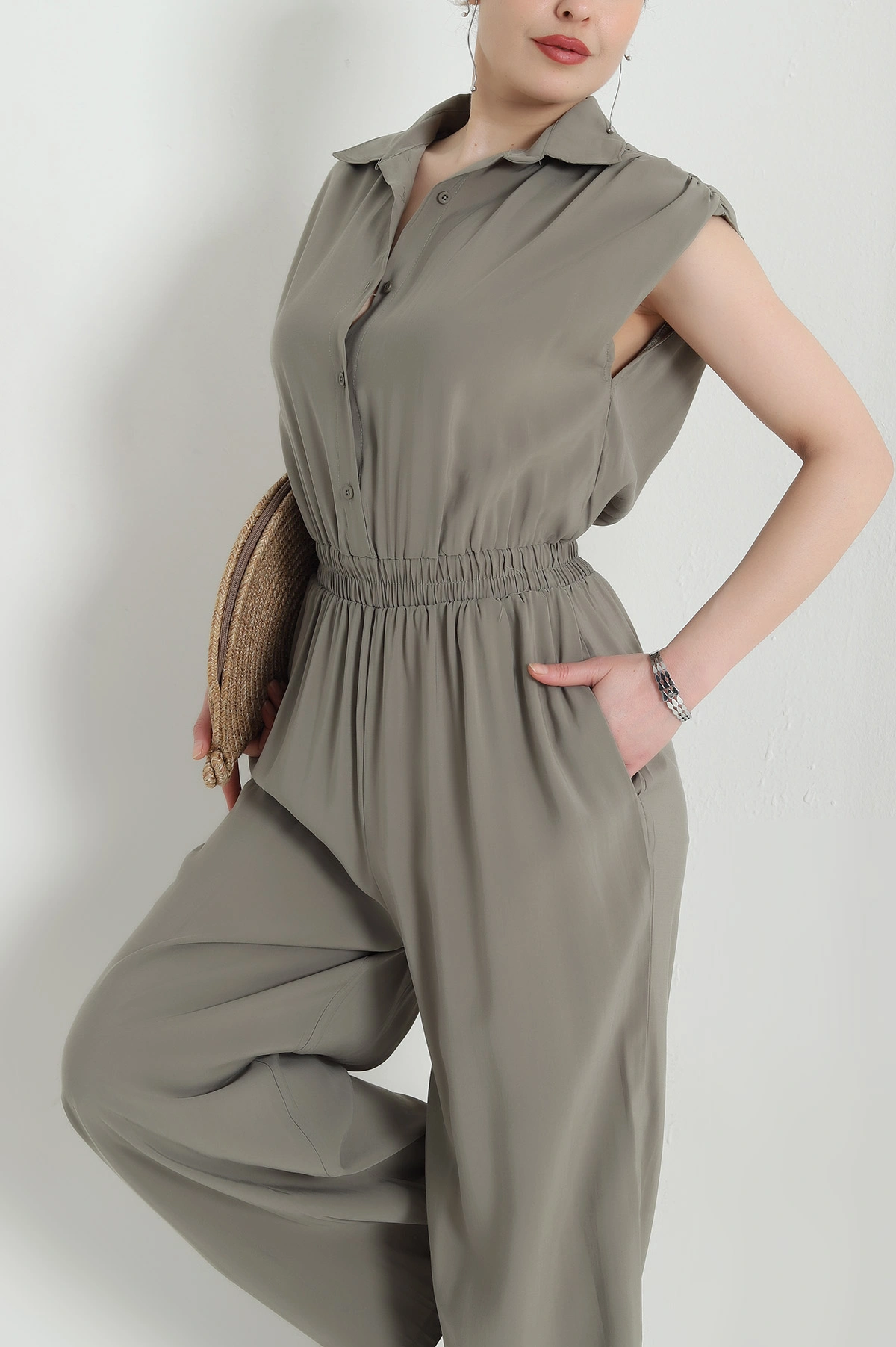 Haki Tencel Bel Lastikli Düğmeli Kadın Tulum 459373