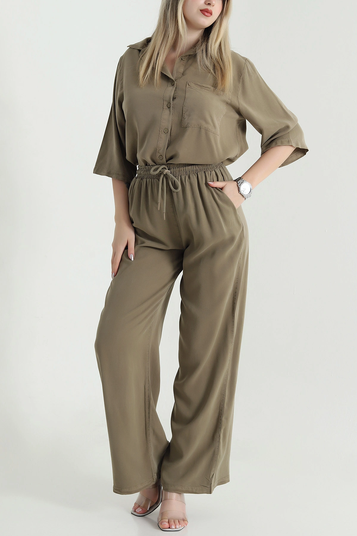 Haki Tencel Gömlek Pantolon Kadın İkili Takım 469724