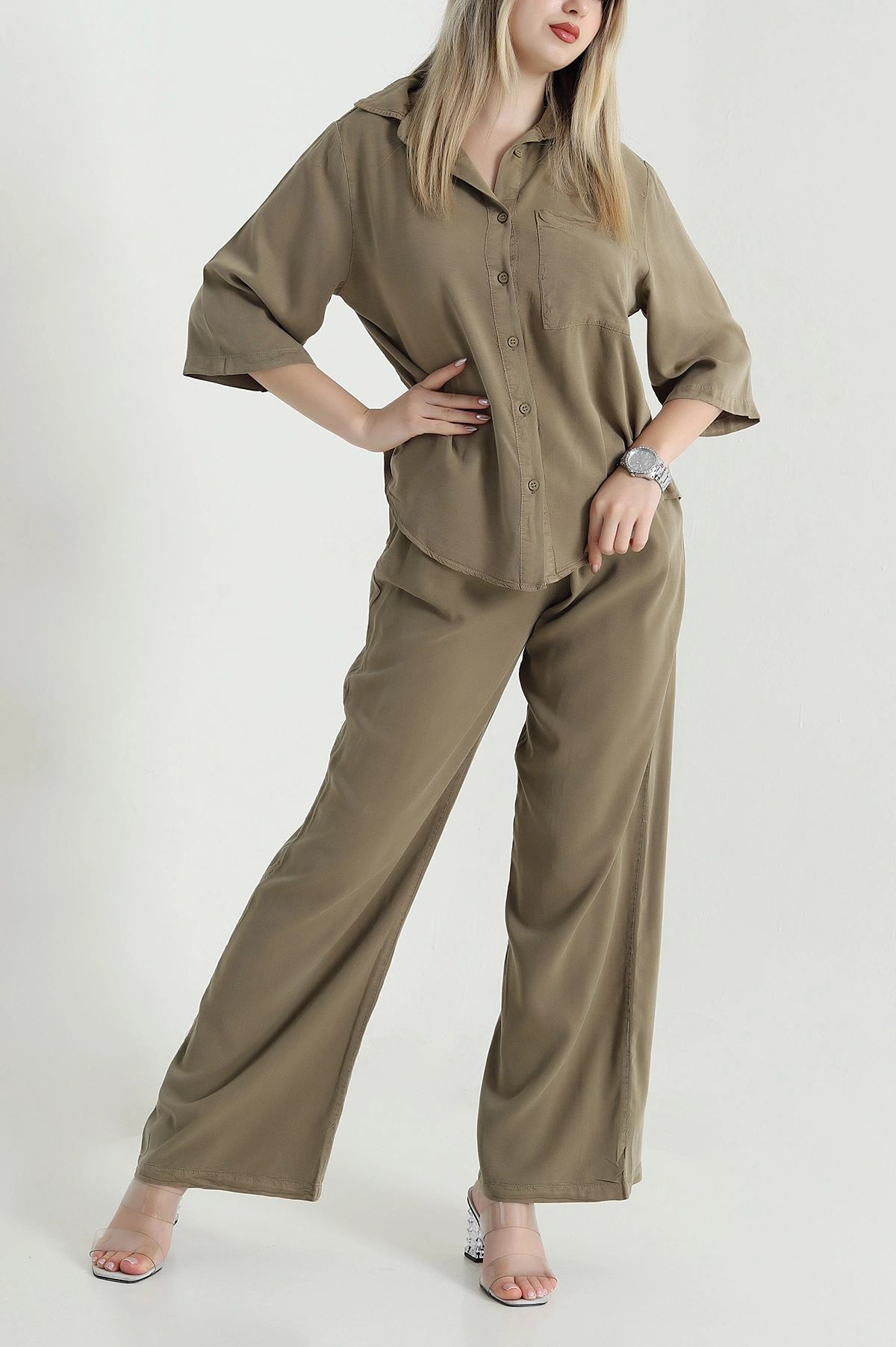 Haki Tencel Gömlek Pantolon Kadın İkili Takım 469724