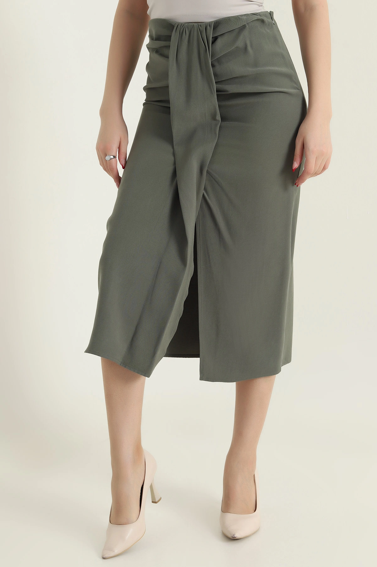 Haki Tencel Modal Twil Kadın Etek 434019