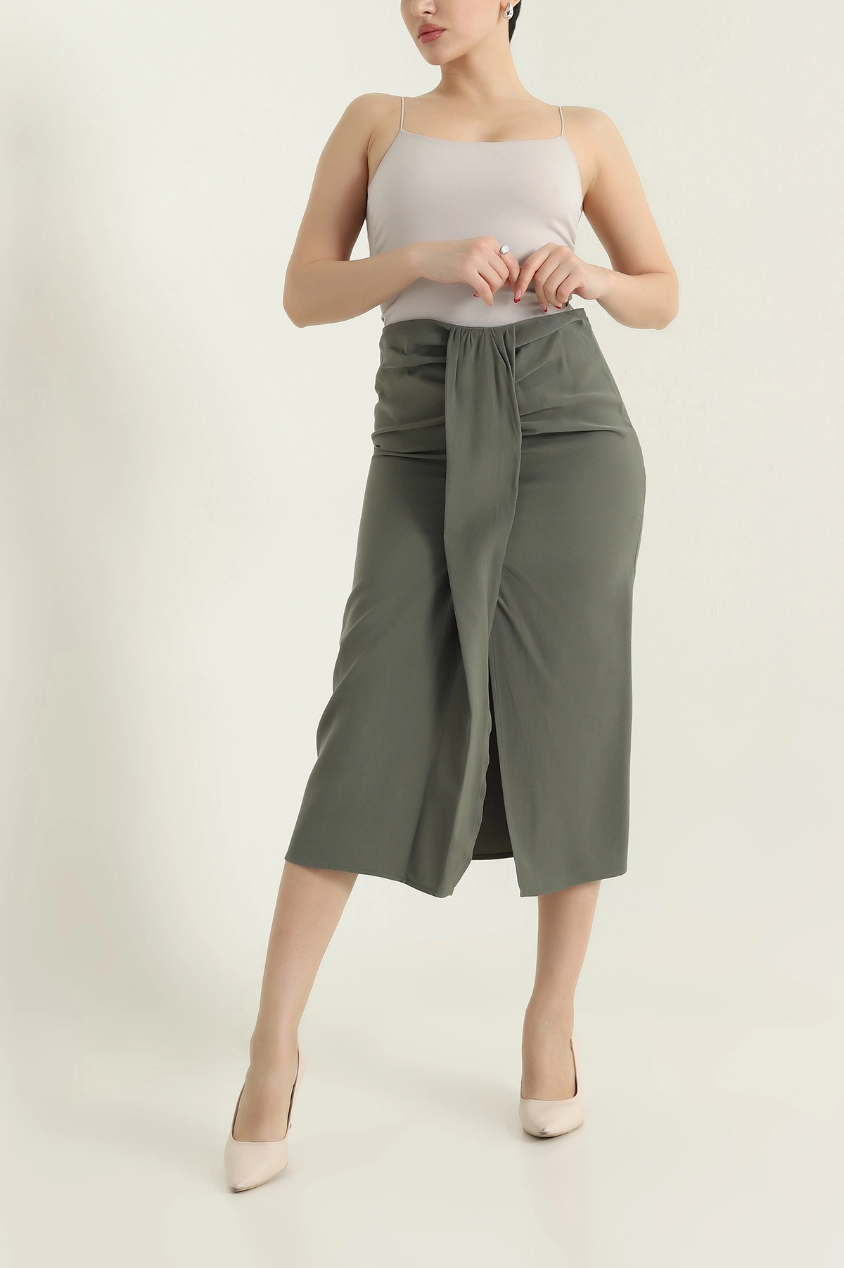 Haki Tencel Modal Twil Kadın Etek 434019