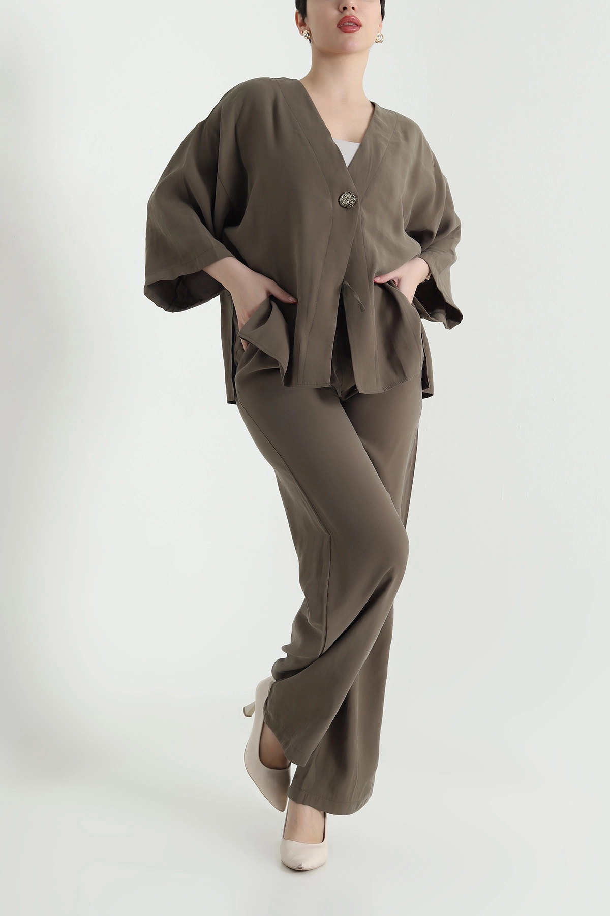 Haki Tencel Pantolon Bluz Kadın İkili Takım 440598