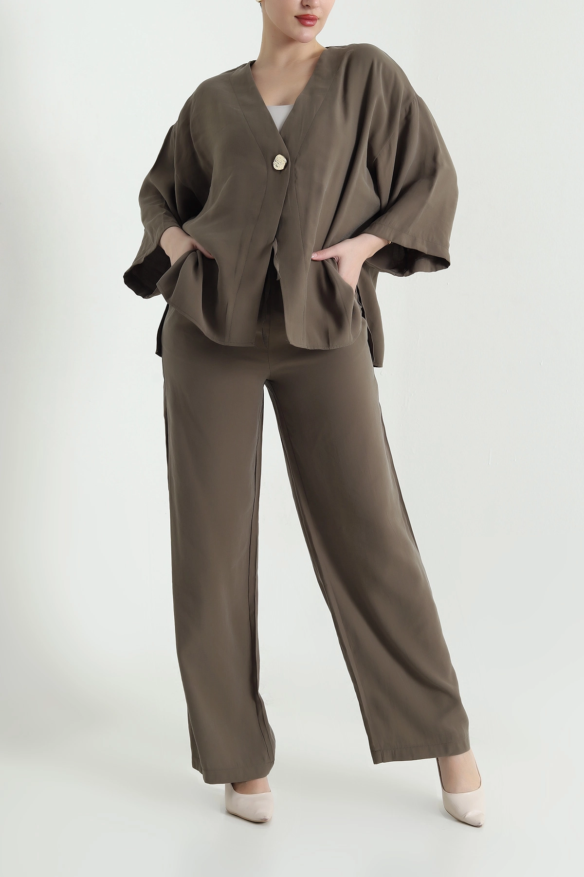 Haki Tencel Pantolon Bluz Kadın İkili Takım 440598