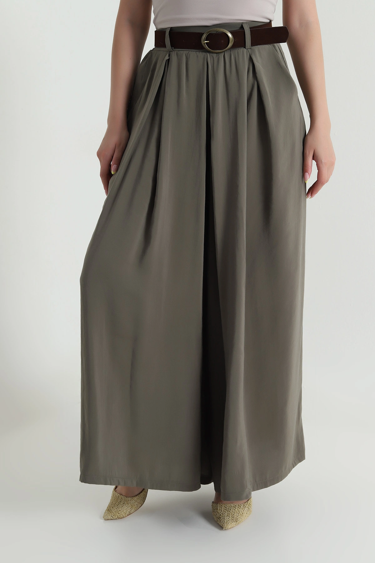 Haki Tencel Pileli Kadın Pantolon 465928